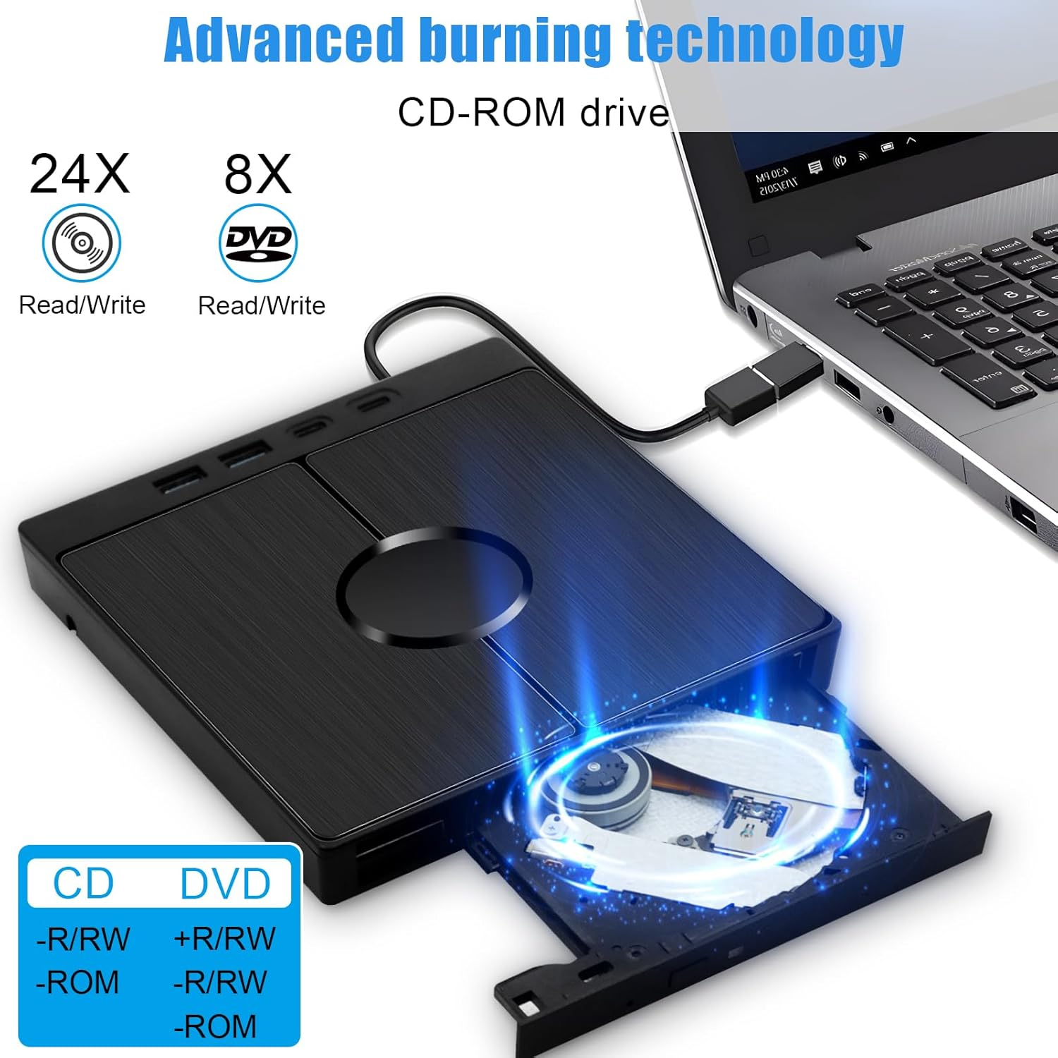 Schwarzes externes CD/DVD-Laufwerk an Laptop angeschlossen, zeigt 24X CD & 8X DVD Lese-/Schreibgeschwindigkeiten.
