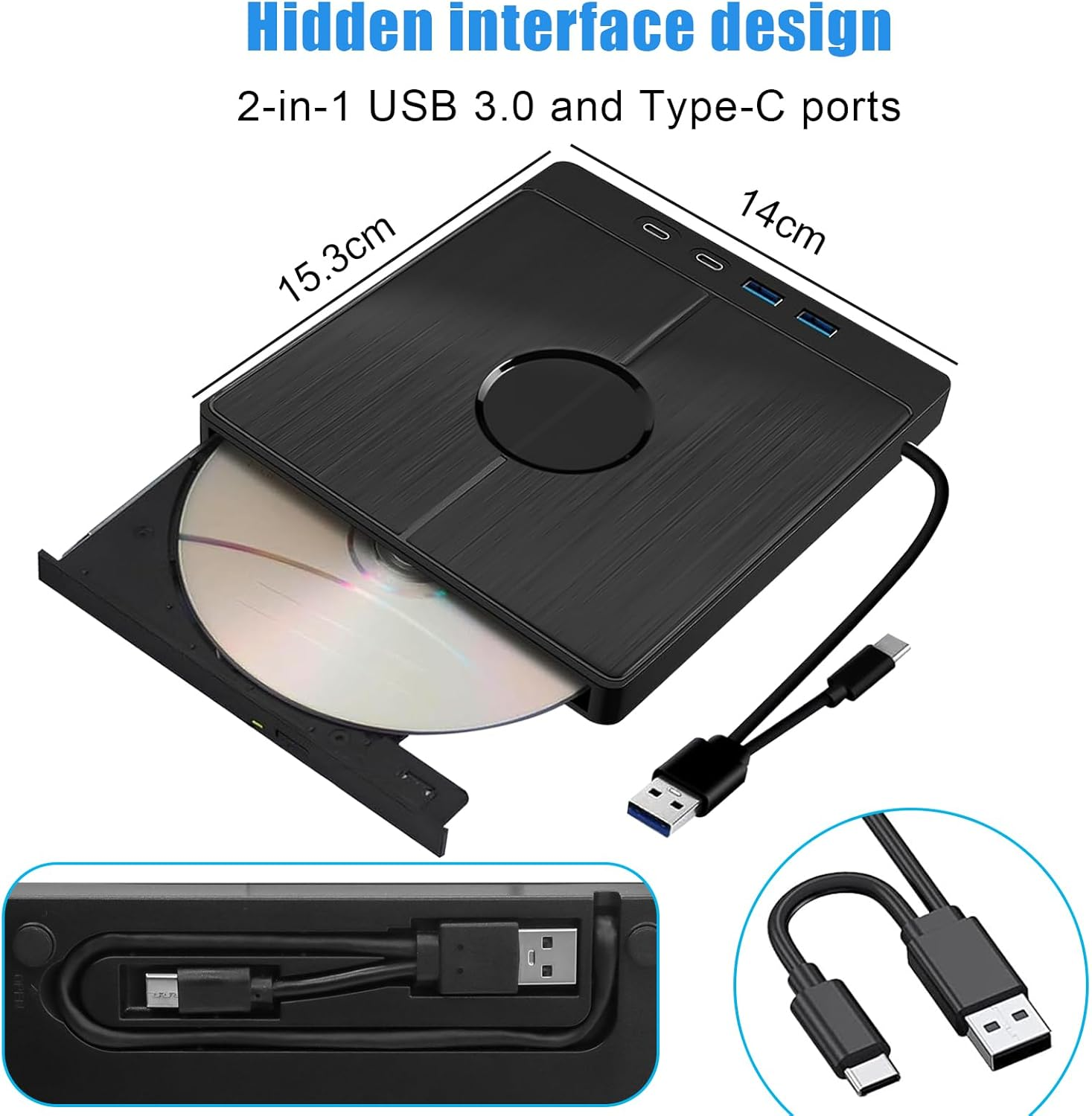 Schwarzer externer CD/DVD-Brenner mit USB- und Typ-C-Kabeln.