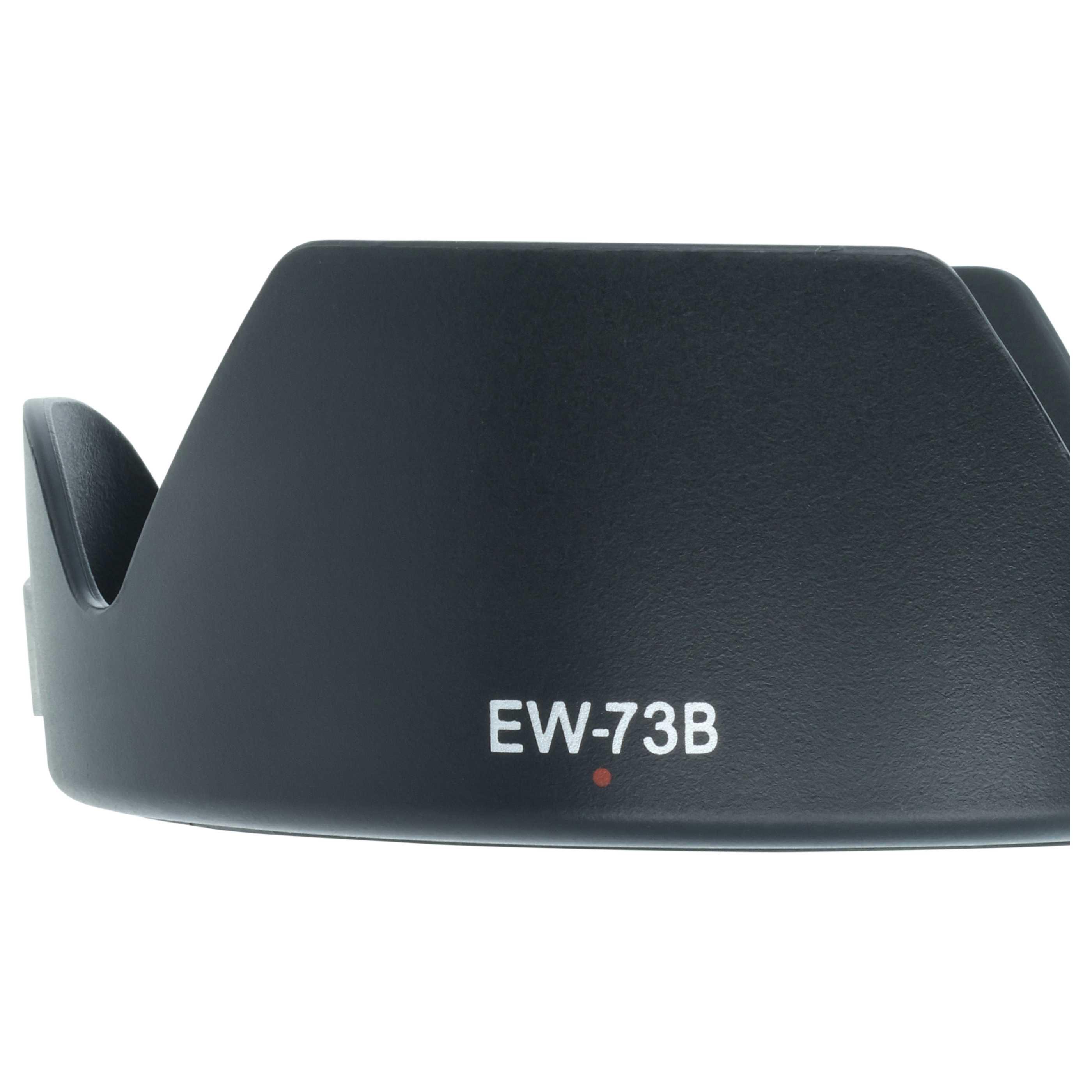 Schwarzer Objektiv-Gegenlichtblende mit der Aufschrift EW-73B und einem roten Punkt.