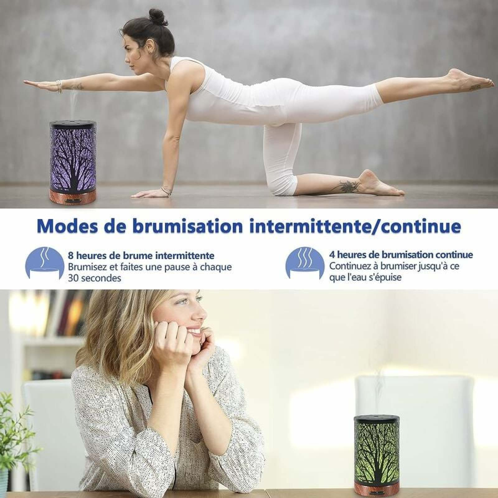 Frau in Yoga-Pose neben einem Diffusor mit Baumdesign. Unten: Frau sitzt am Tisch.