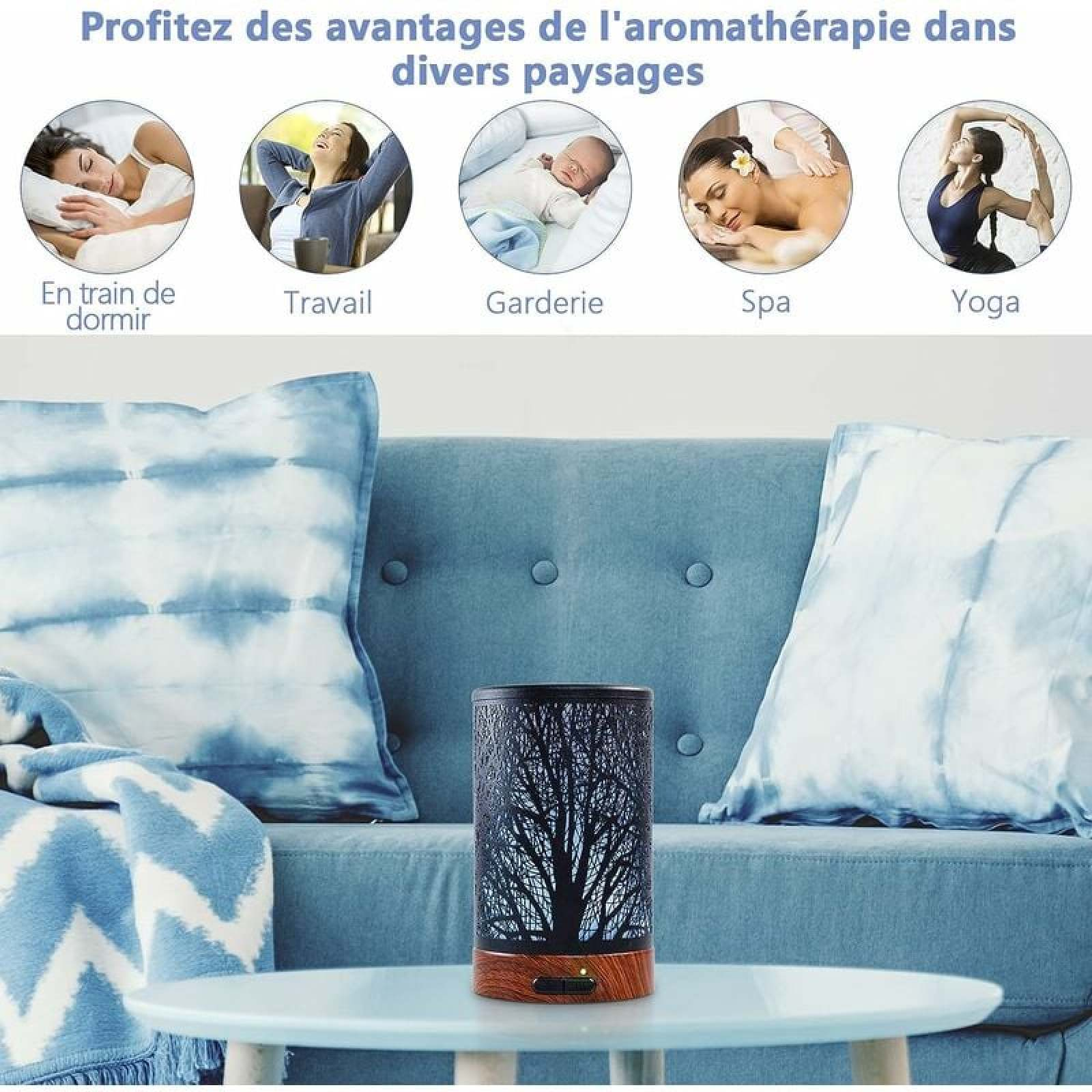 Aromatherapie-Vorteile für Schlaf, Arbeit, Kinderbetreuung, Spa und Yoga. Diffusor auf Tisch.
