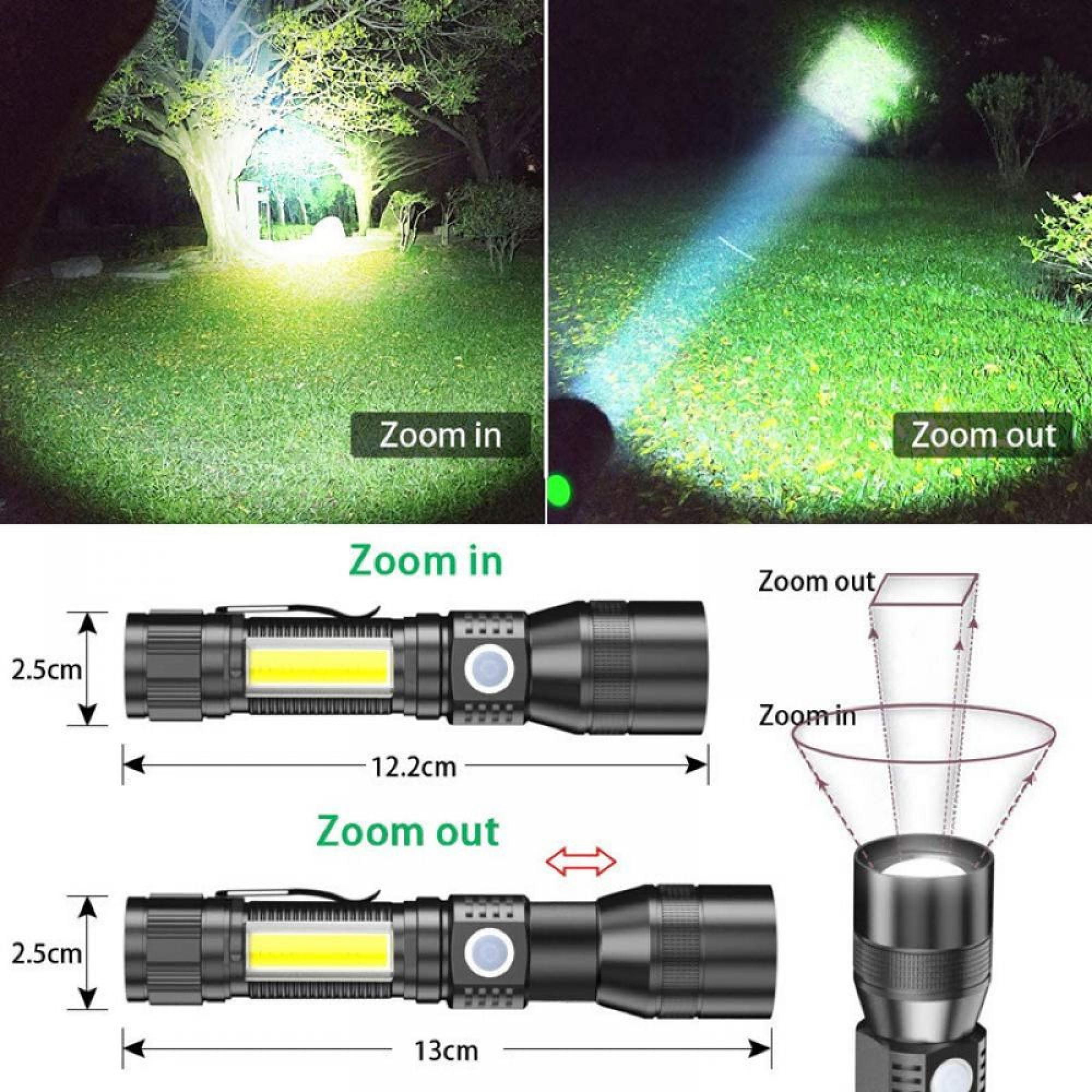 Taschenlampe mit Zoomfunktion, zeigt Nahaufnahme und Fernlicht.