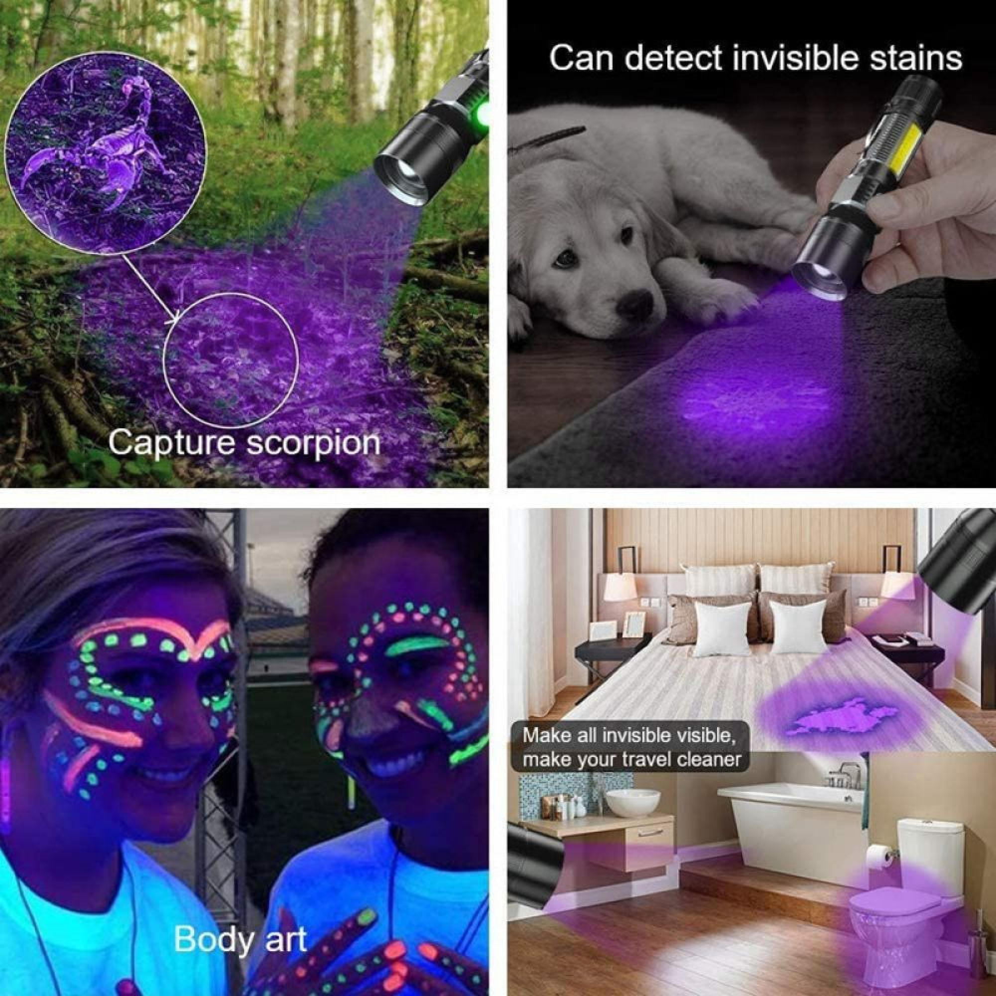 Eine UV-Taschenlampe beleuchtet einen Skorpion im Wald, einen Hund auf einem Teppich und Körperkunst.