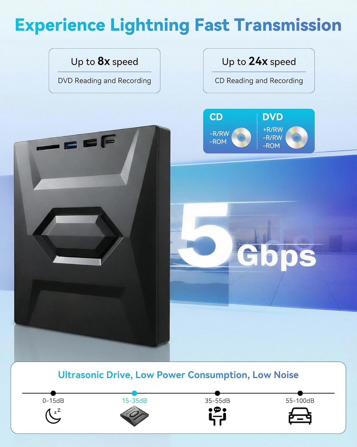 Schwarzer externer Laufwerk mit USB-C, CD/DVD-Fähigkeiten, 5 Gbps.