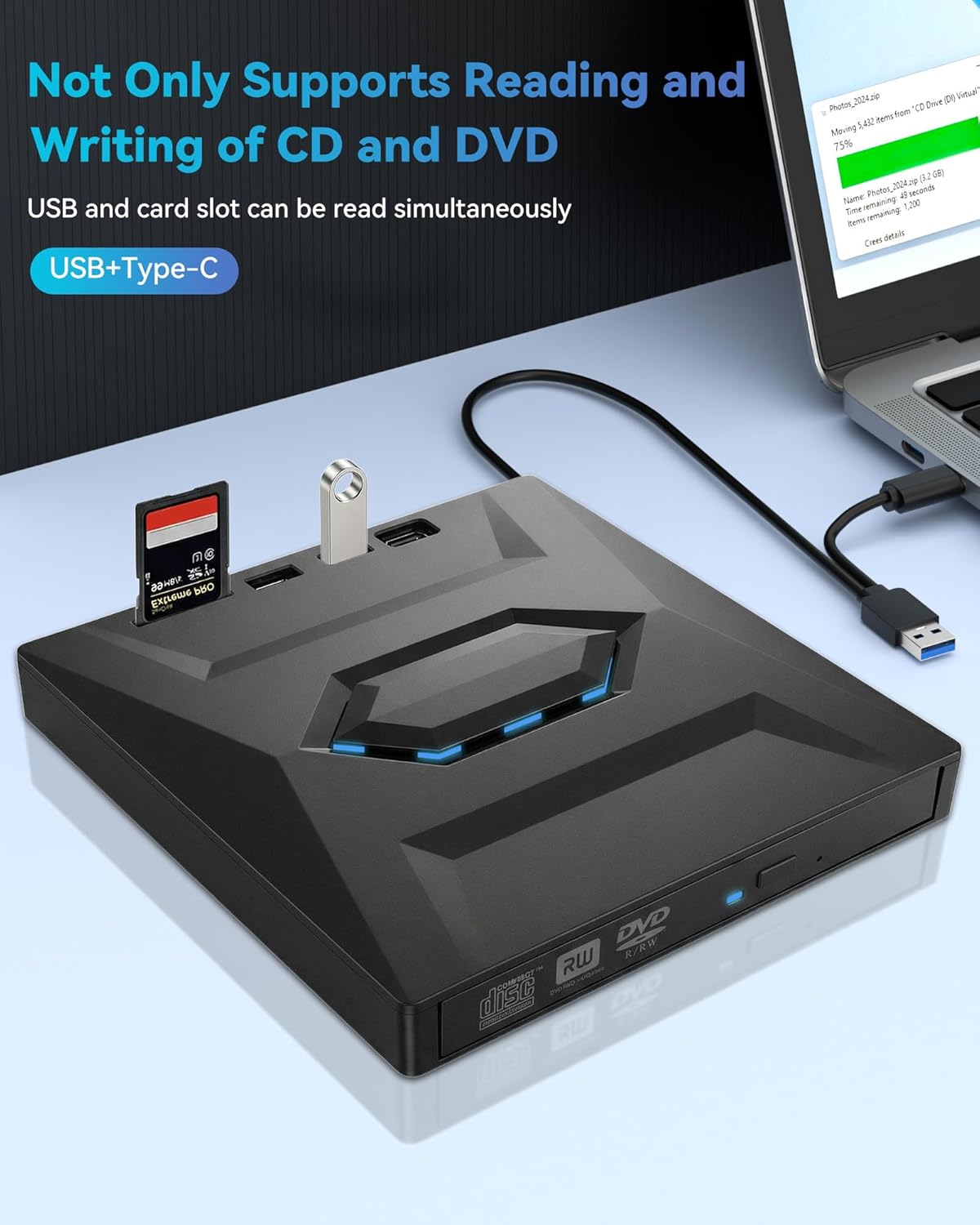 Externes CD/DVD-Laufwerk mit SD-Kartenleser, verbunden mit einem Laptop.