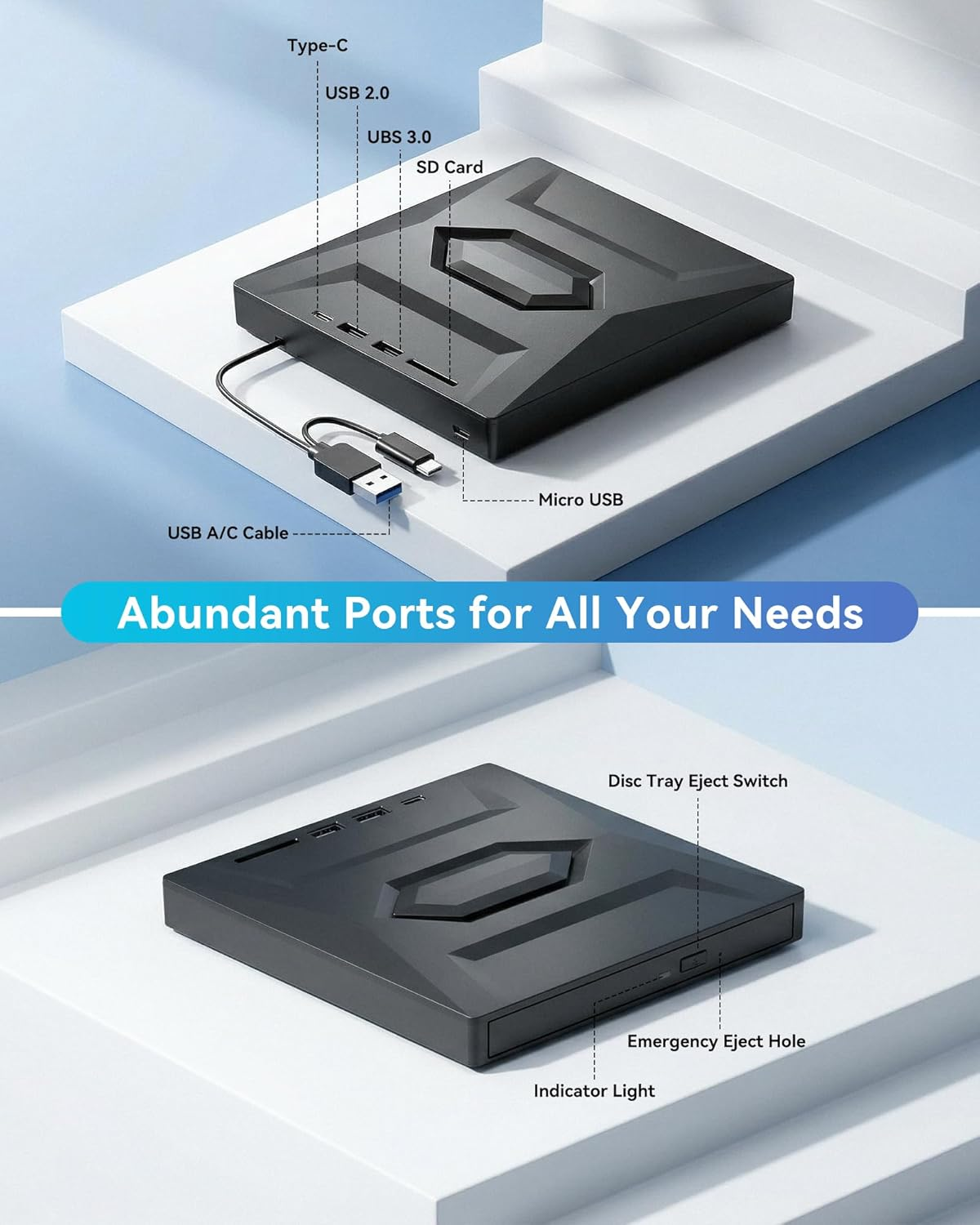 Schwarzer USB-C-Hub mit mehreren Anschlüssen, SD-Kartensteckplatz und Kabel.