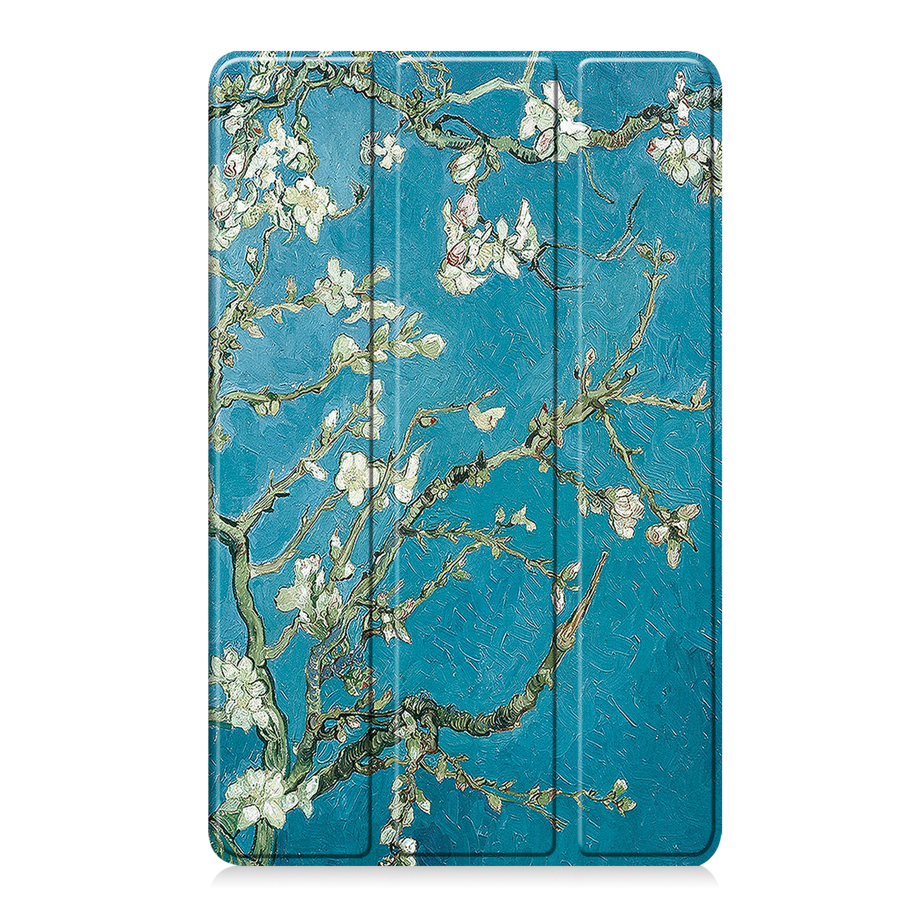 Ein Tablet-Cover mit Van Goghs Mandelblüte-Motiv auf türkisfarbenem Hintergrund.