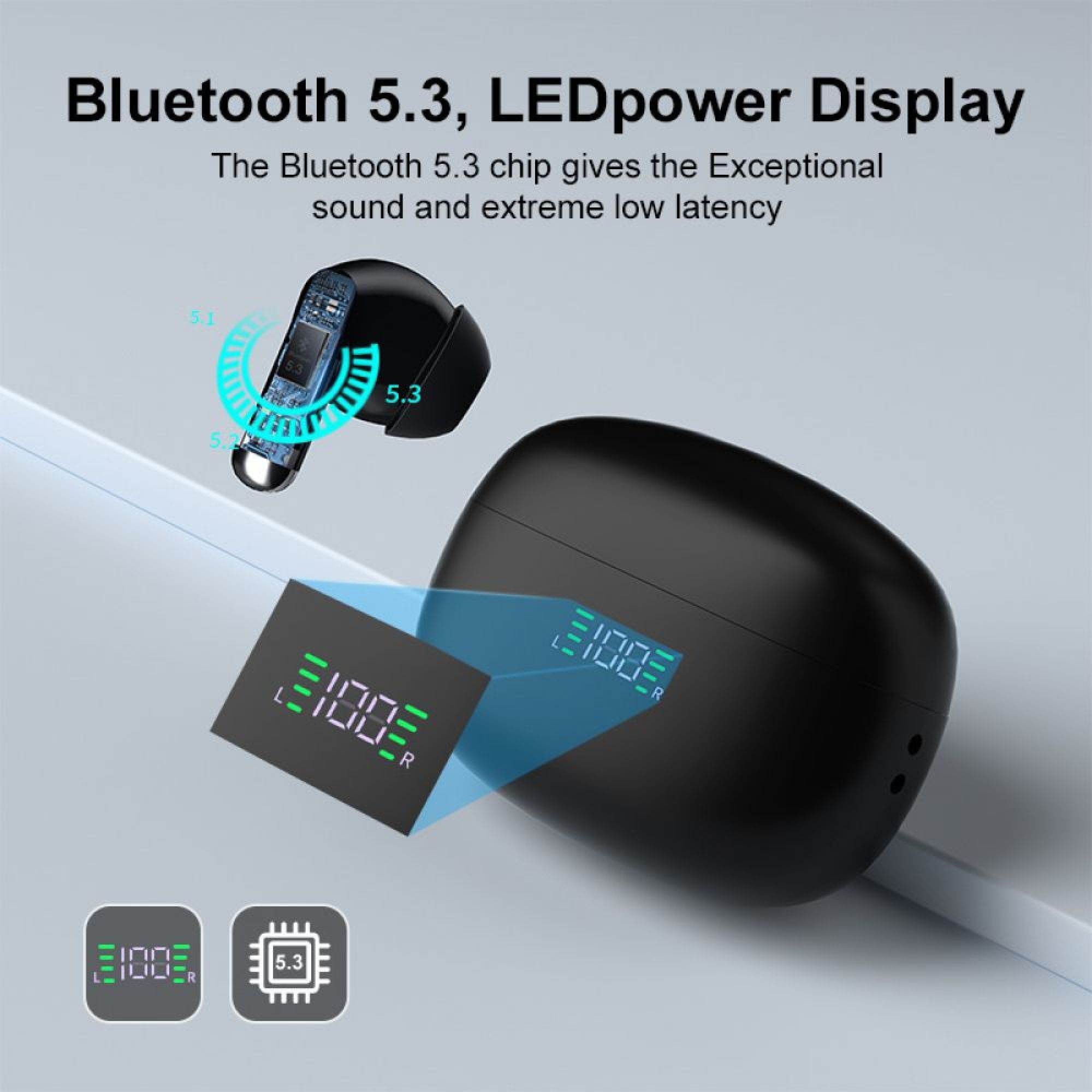 Schwarze kabellose Ohrhörer mit Ladecase und LED-Anzeige. Bluetooth 5.3.
