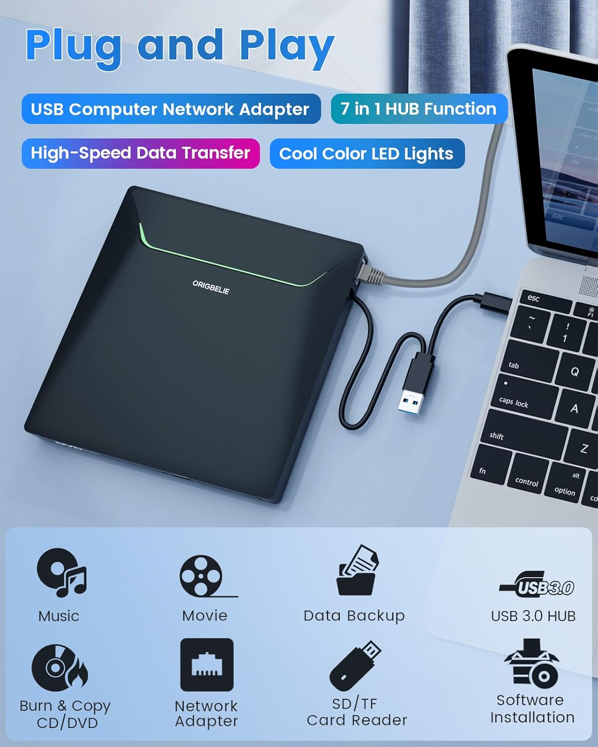 Schwarzer USB-Adapter mit grünem Licht neben einem Laptop. Funktionen sind aufgelistet.