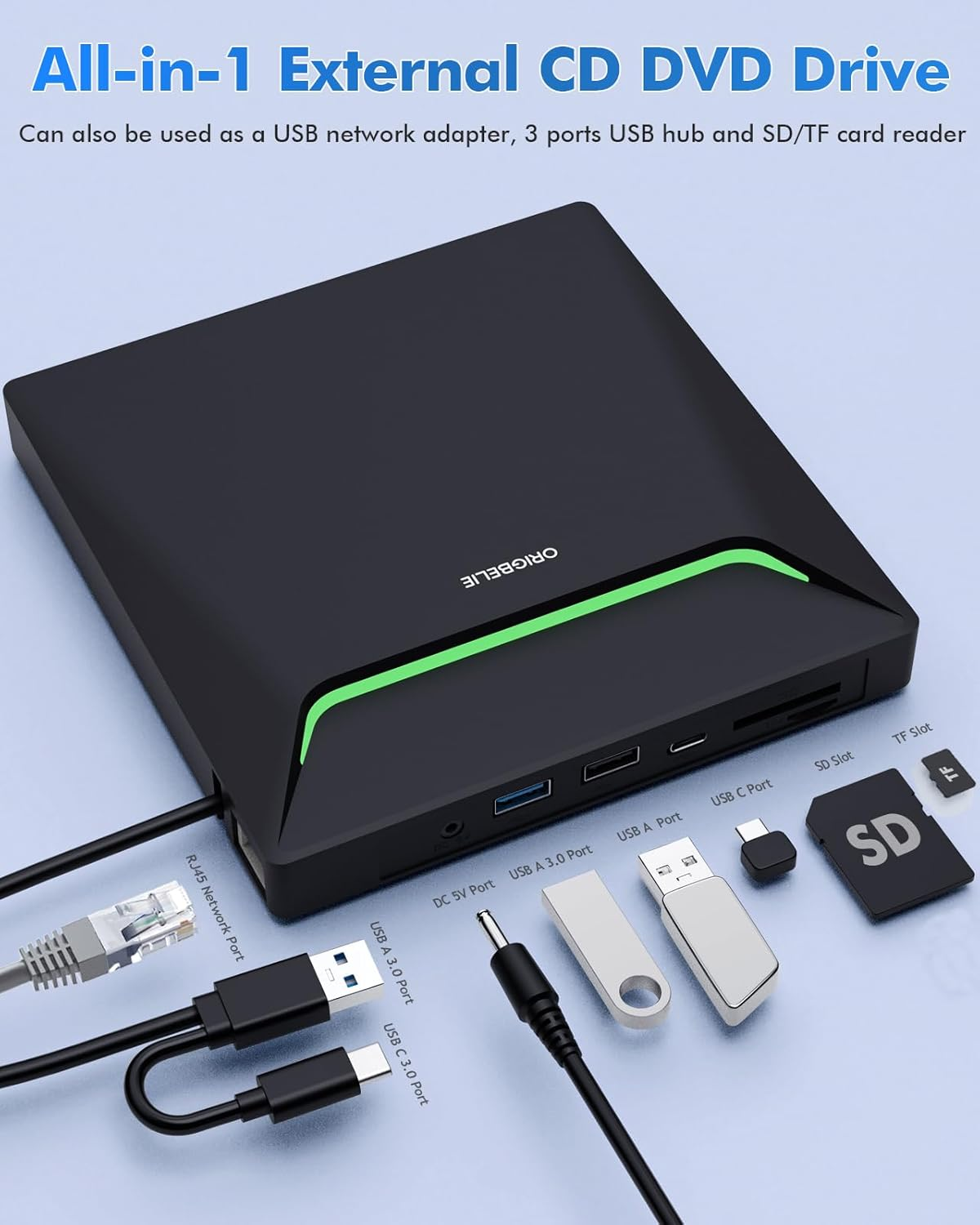 Schwarzes externes CD/DVD-Laufwerk mit vielen Anschlüssen: RJ45, USB, SD/TF.