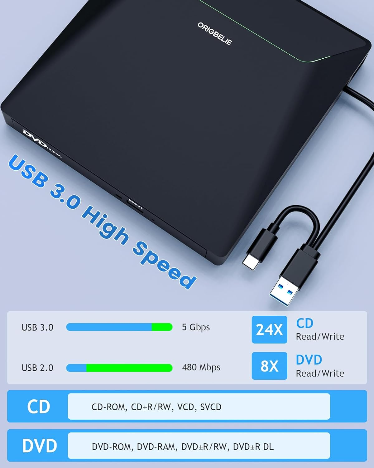 Schwarzer externer DVD-Brenner mit USB 3.0 und Spezifikationen.