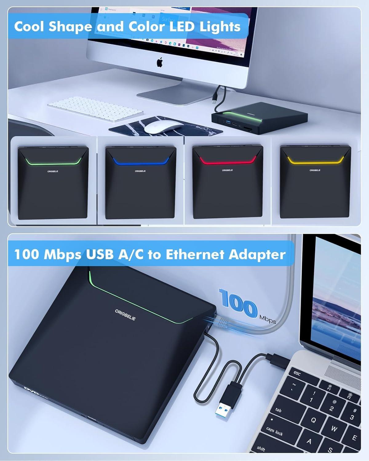 Schwarzer USB-Ethernet-Adapter mit grüner LED, verbunden mit einem Laptop.