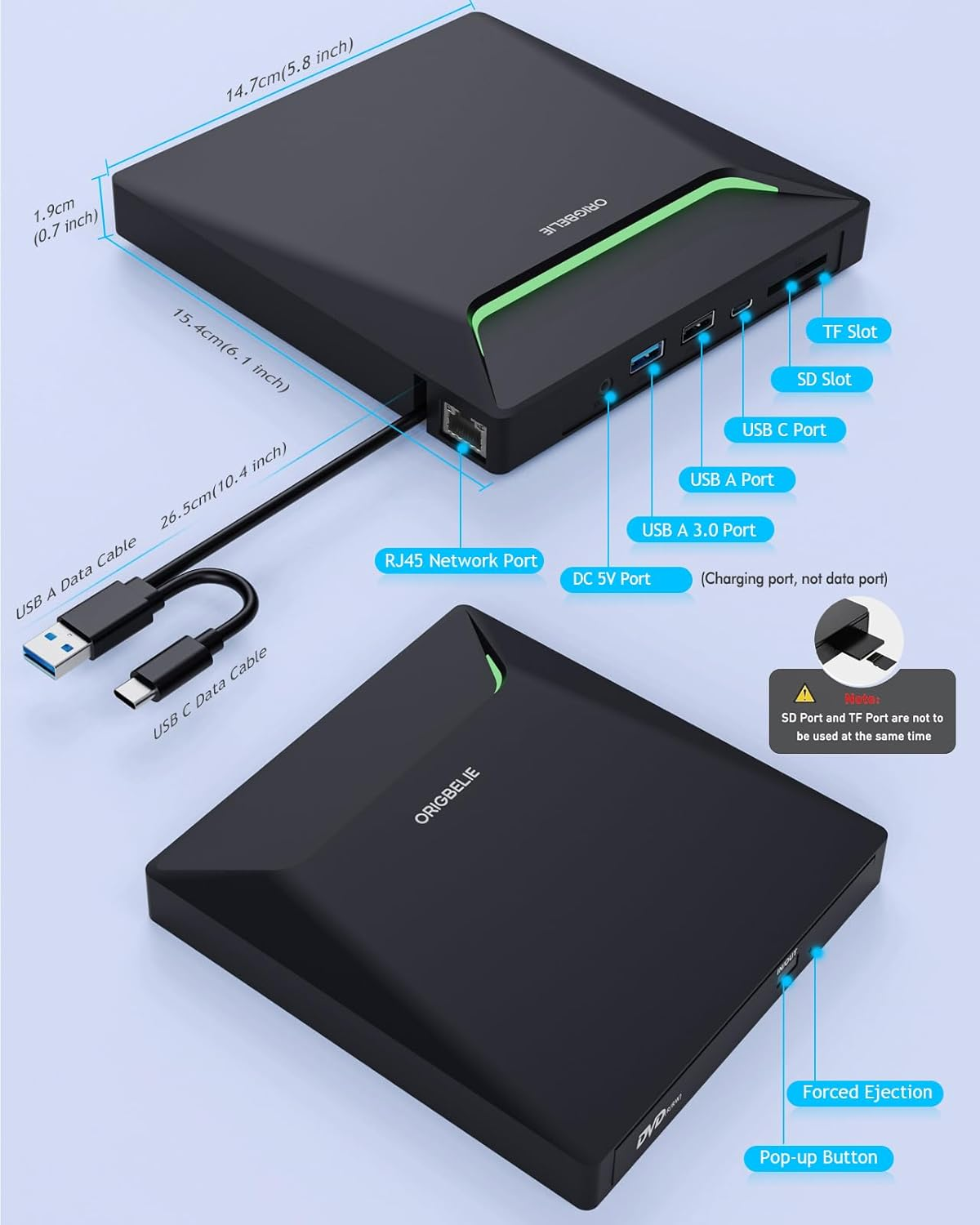 Schwarzes externes DVD-Laufwerk mit Anschlüssen: RJ45, USB A, USB C, SD, TF.