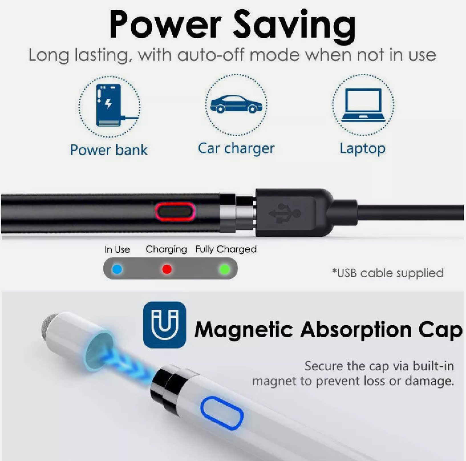 Grafik zeigt Stromsparmodi für Powerbank, Ladegerät, Laptop & magnetische Kappe.
