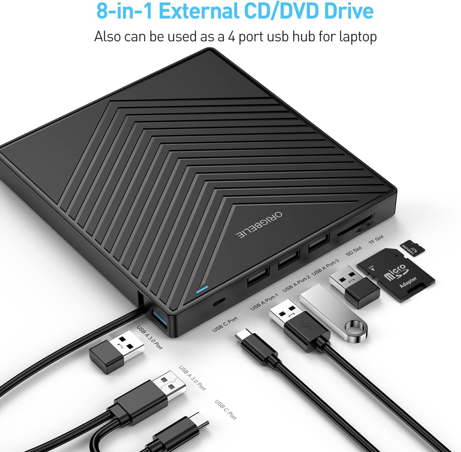 Schwarzer Laptop-Hub mit externem CD/DVD-Laufwerk, USB-Anschlüssen, SD- und TF-Kartensteckplätzen.