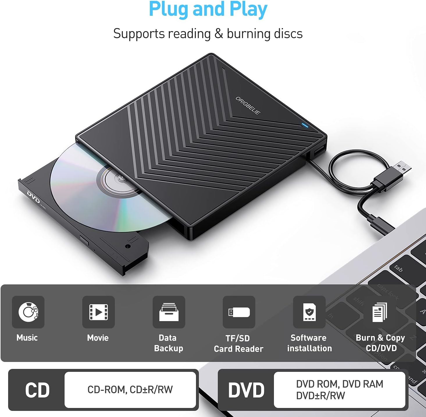 Schwarzer externer DVD-Brenner mit eingelegter DVD, angeschlossen an Laptop.