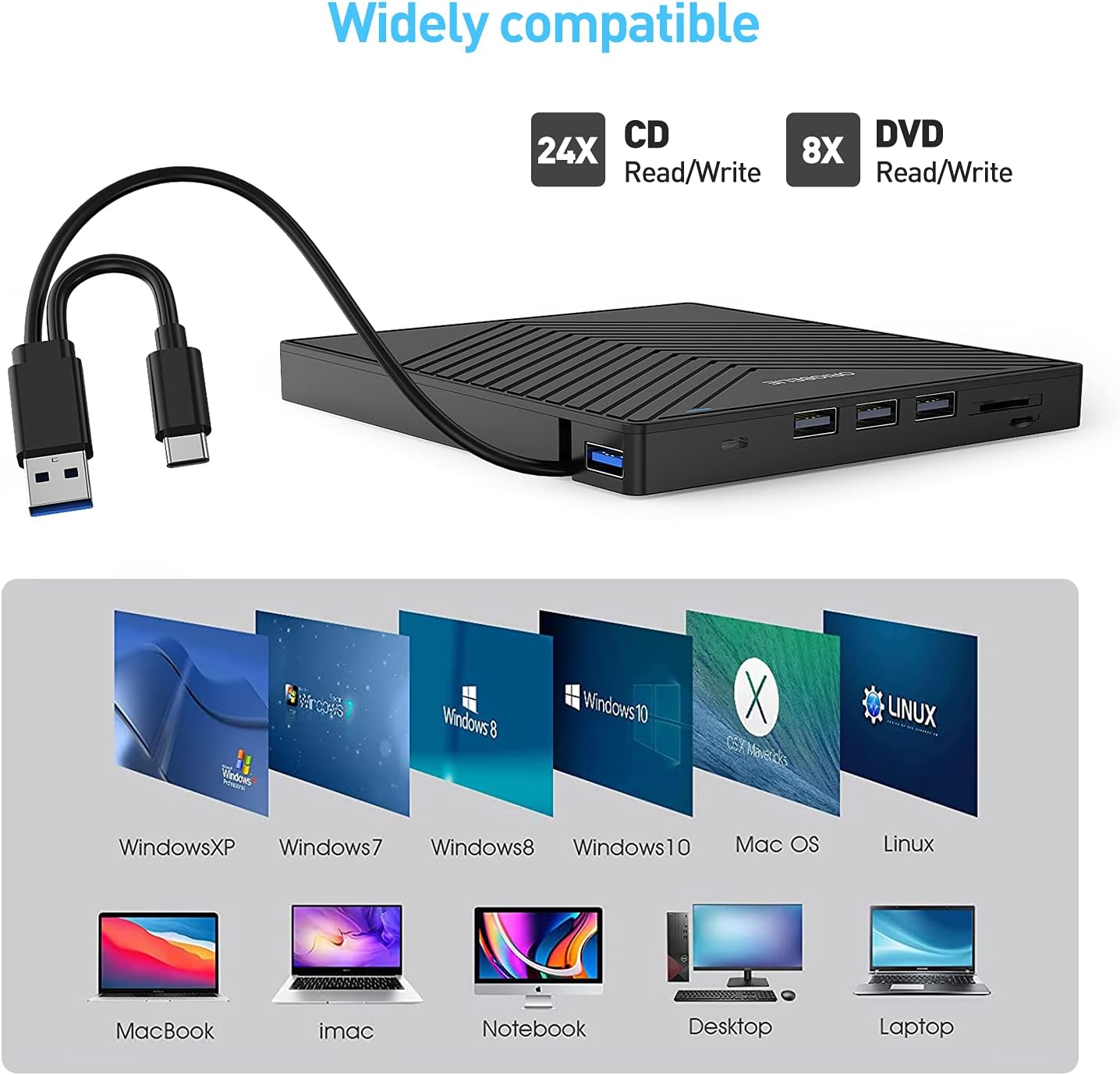 Schwarzes externes CD/DVD-Laufwerk mit USB-C und USB-A-Kabeln. Kompatibel mit Windows, Mac, Linux.