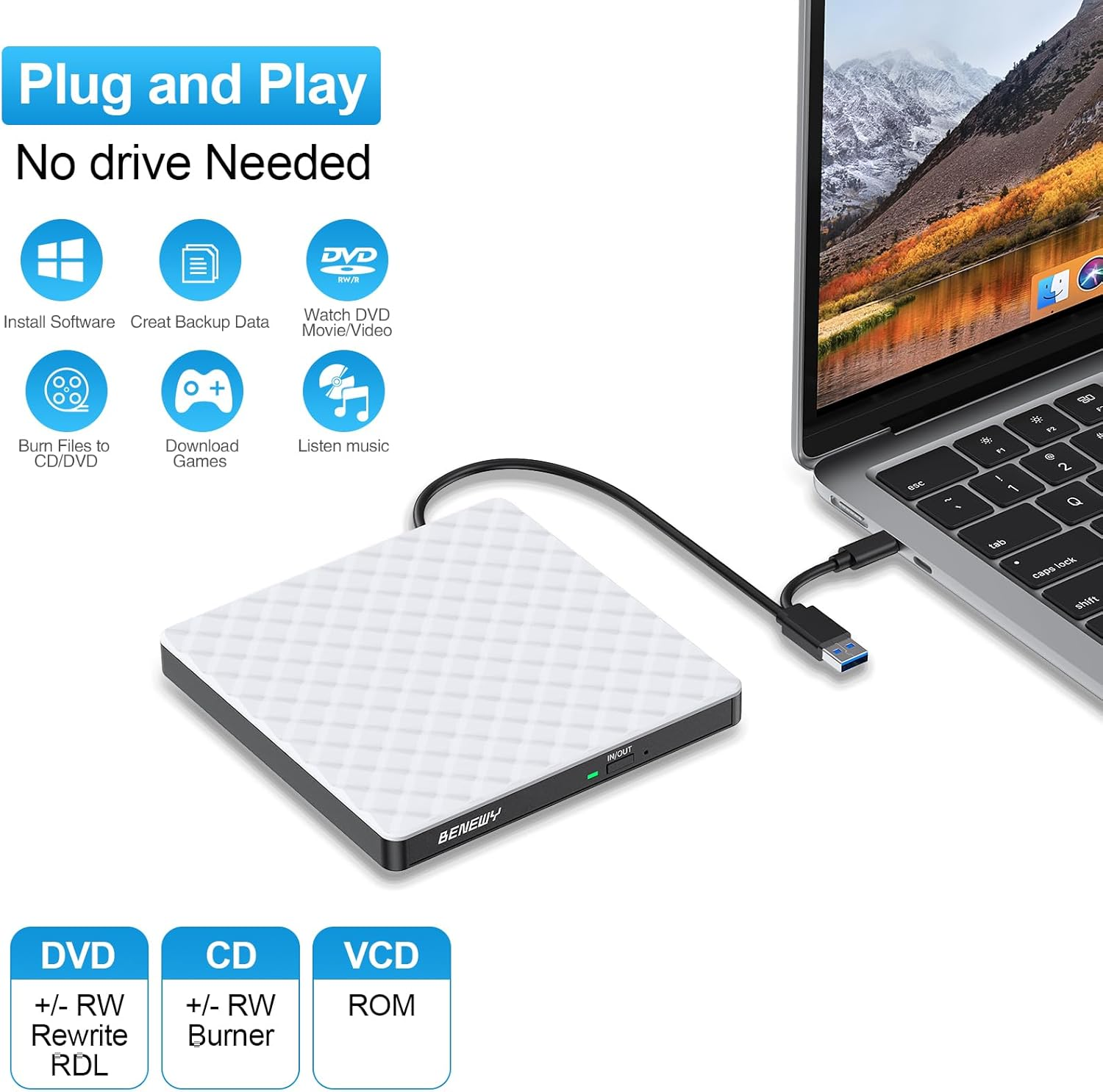 Ein weißes externes USB-DVD-Laufwerk ist mit einem Laptop verbunden.