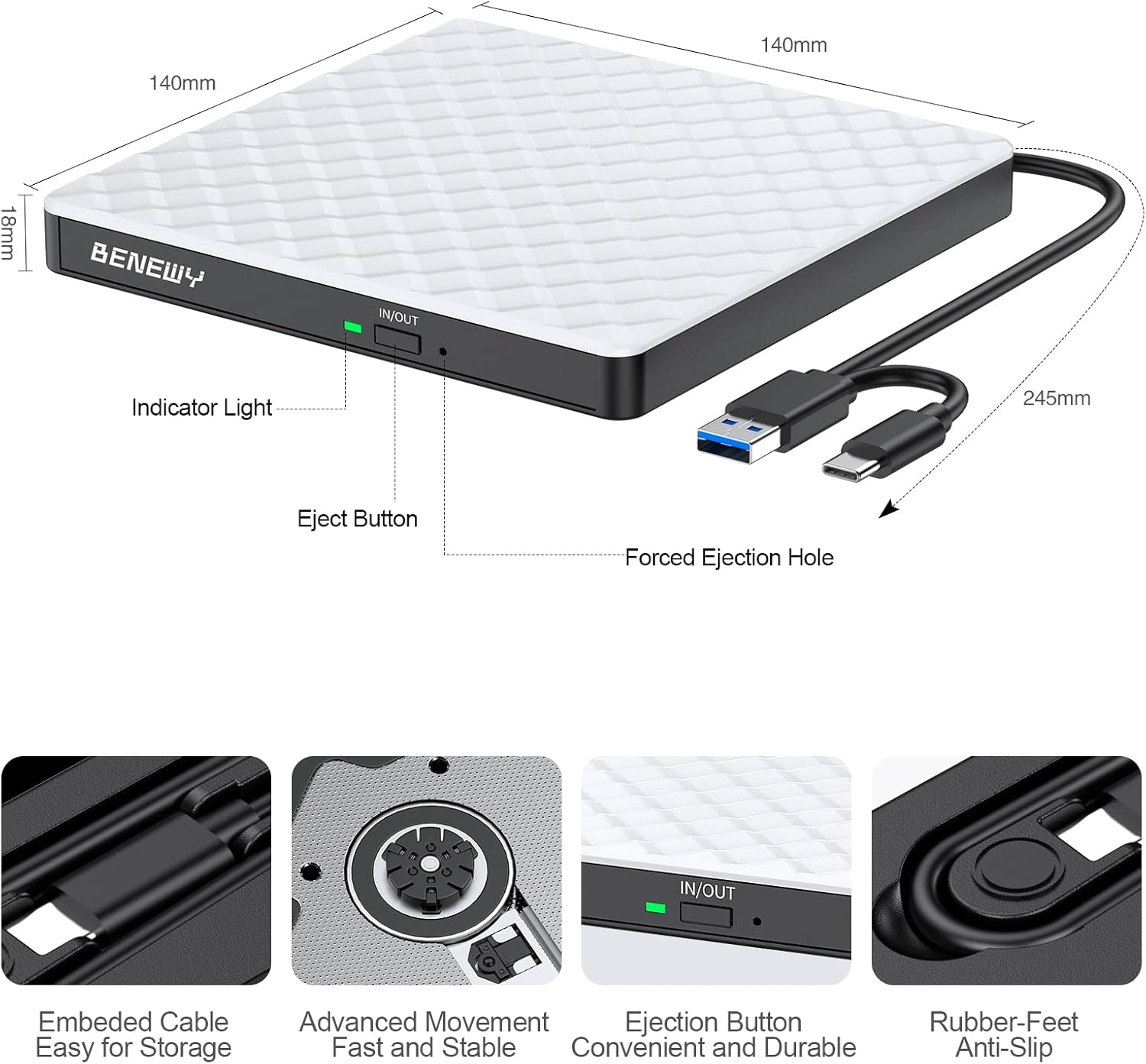Ein weißer externer DVD-Brenner mit USB-C-Anschluss und Maßen.