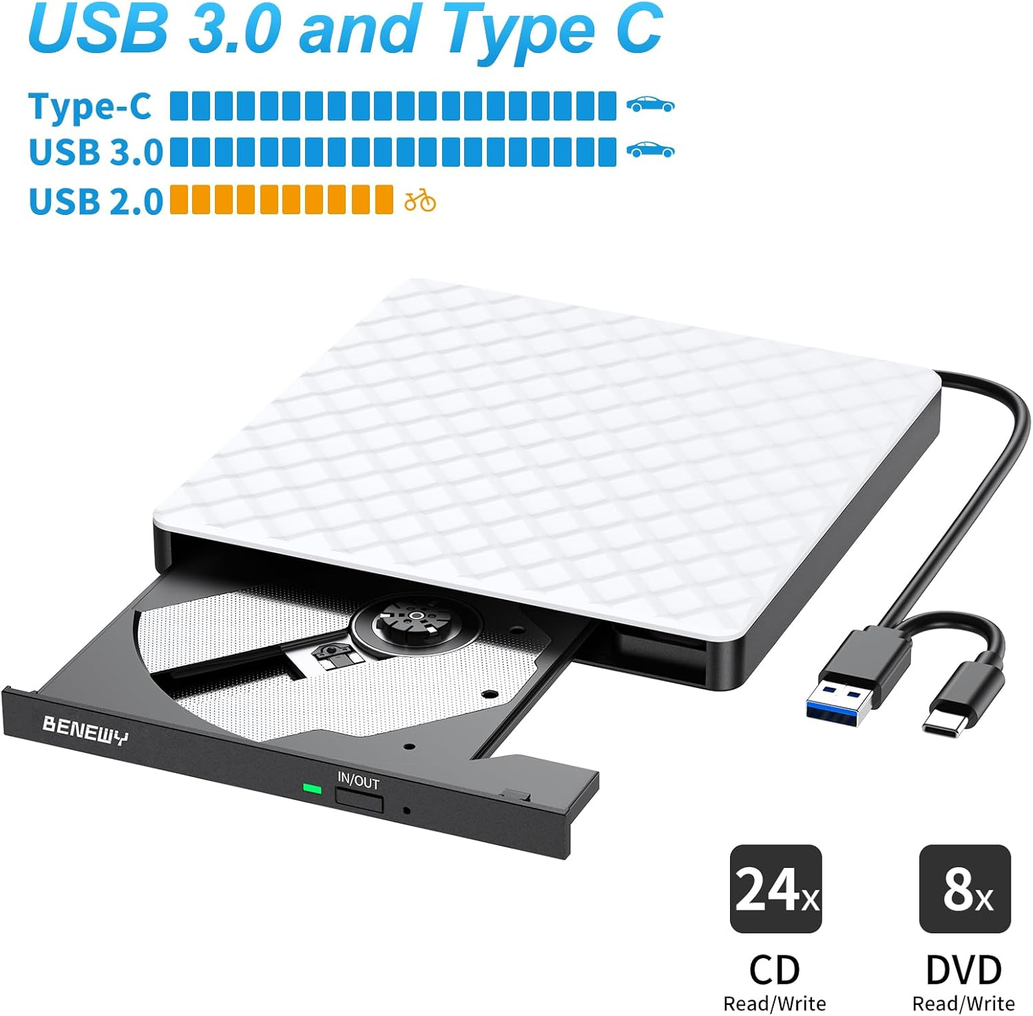 Externes CD/DVD-Laufwerk mit USB-C und USB 3.0 Anschlüssen.