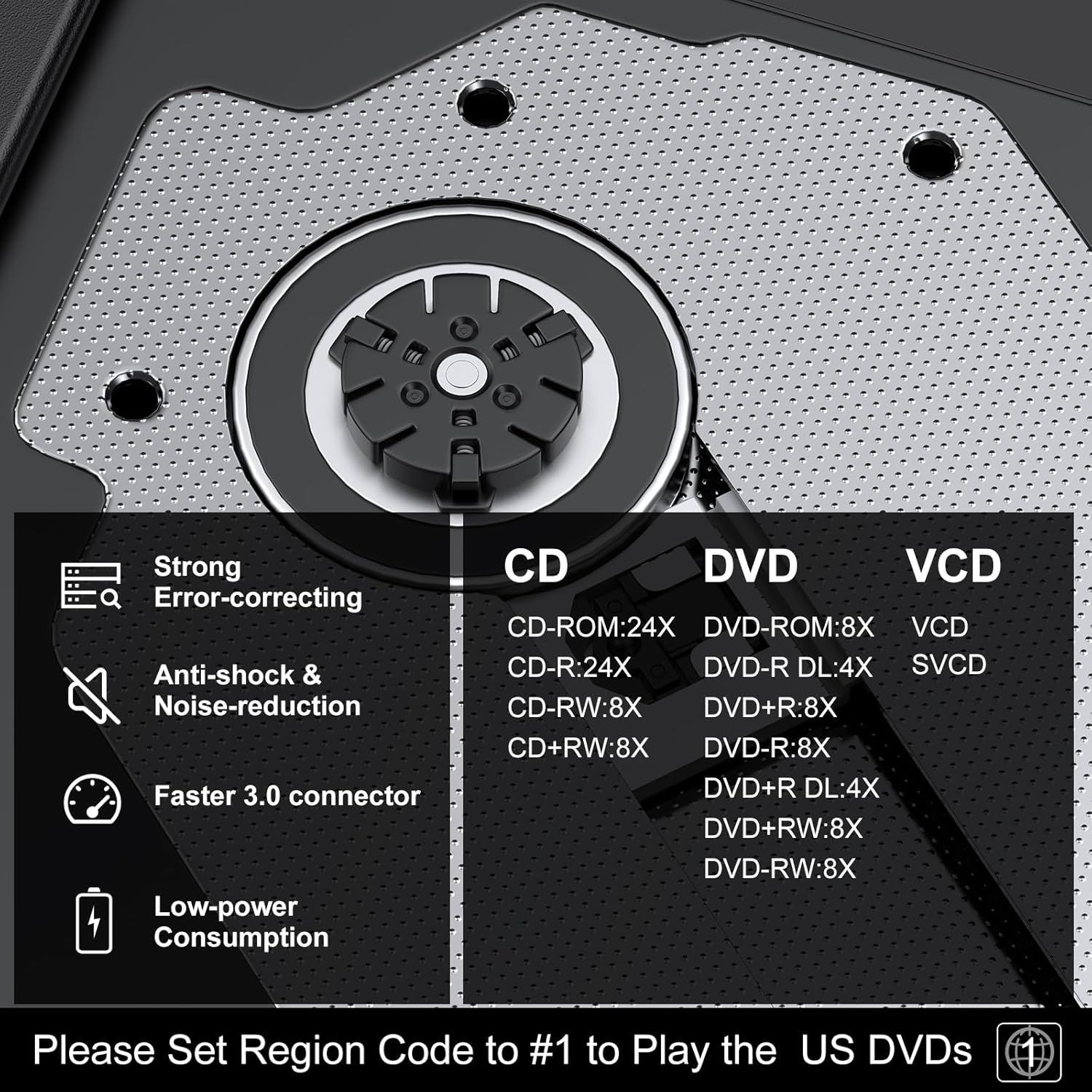 Nahaufnahme eines optischen Laufwerks mit CD-, DVD- und VCD-Geschwindigkeitslisten.