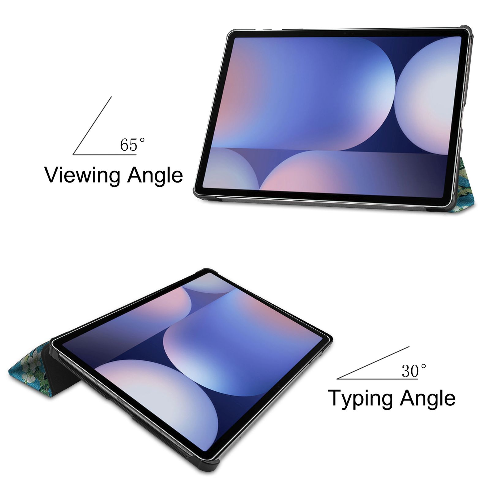 Tablet mostrato in due angolazioni: 65° visione, 30° digitazione.