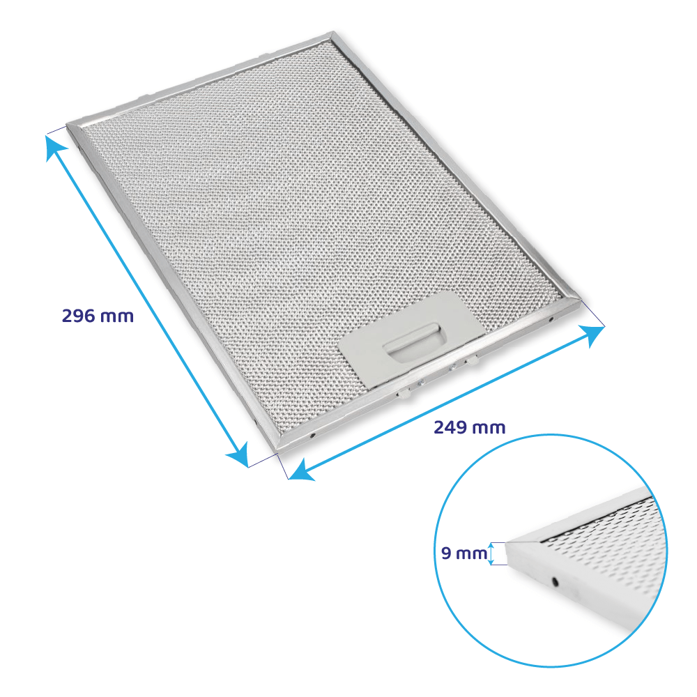 Filtro antigrasso in metallo da 296x249mm, spessore 9mm.