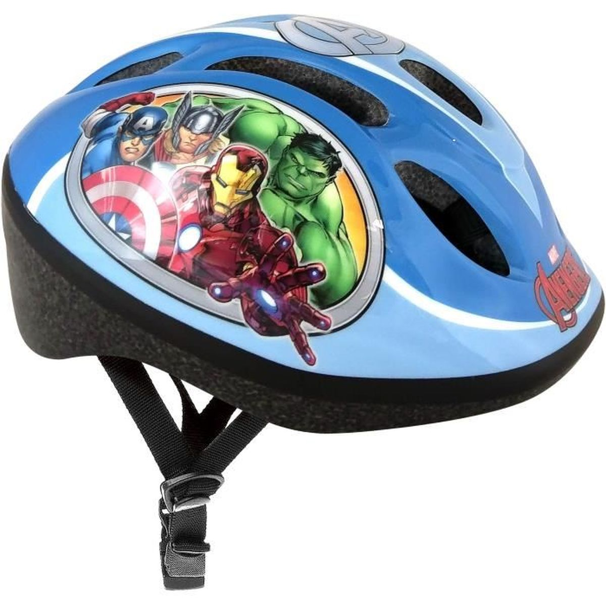Blauer Kinderhelm mit Avengers-Charakteren: Iron Man, Hulk, Captain America, Thor.