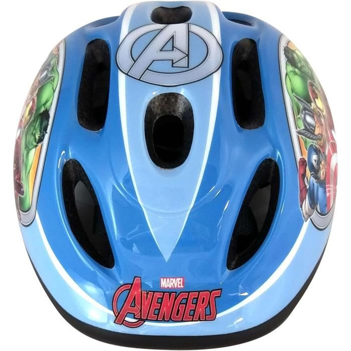 Blauer Kinderhelm mit Avengers-Motiven und Belüftungslöchern.