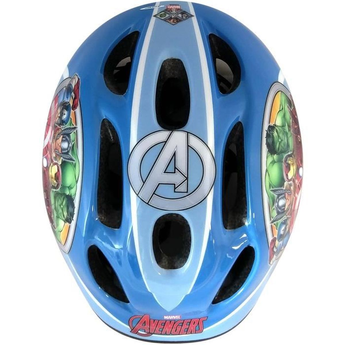 Blauer Avengers-Helm mit Marvel-Figuren und Avengers-Logo.