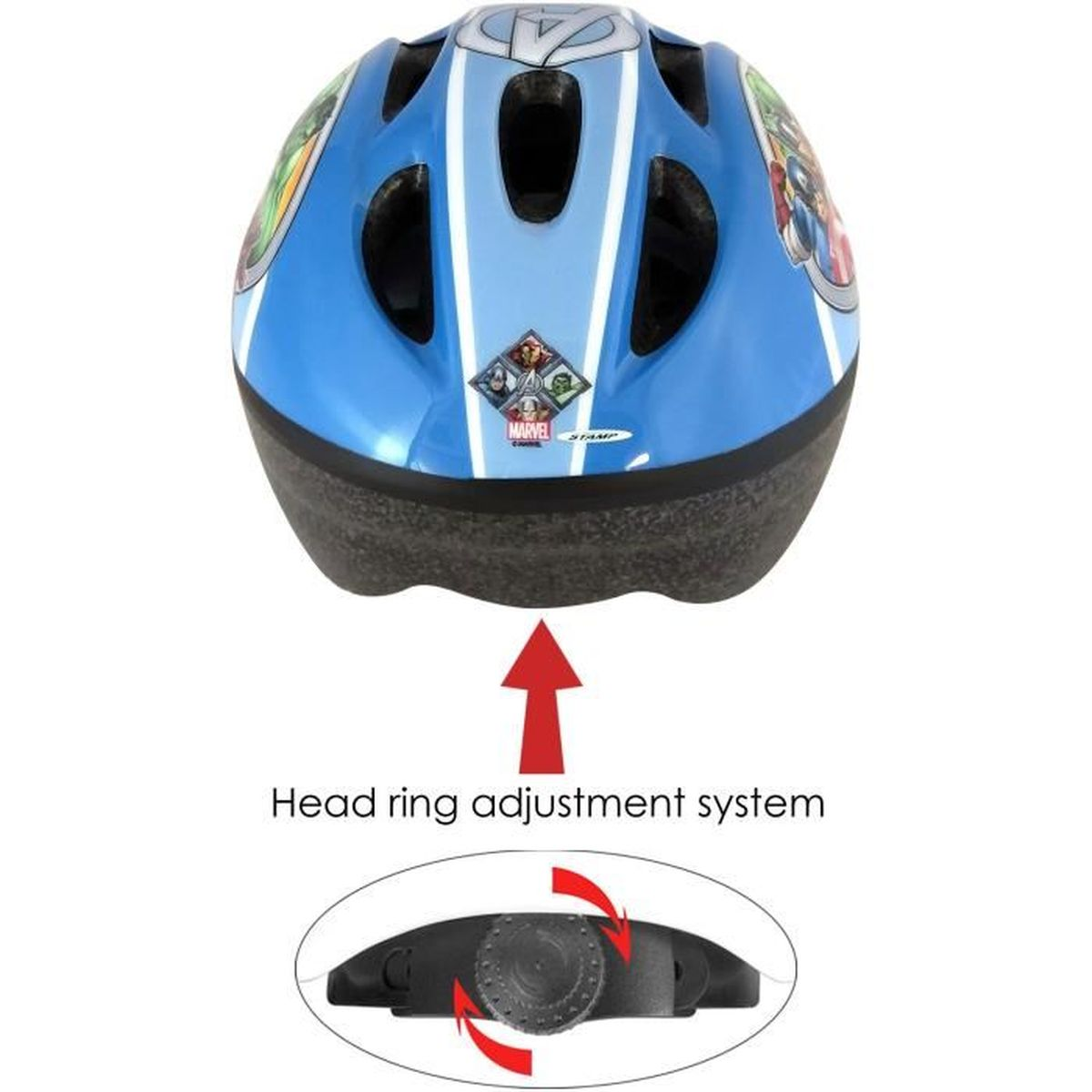 Ein blauer Marvel-Helm mit weißen Streifen und Bildern von Superhelden.
