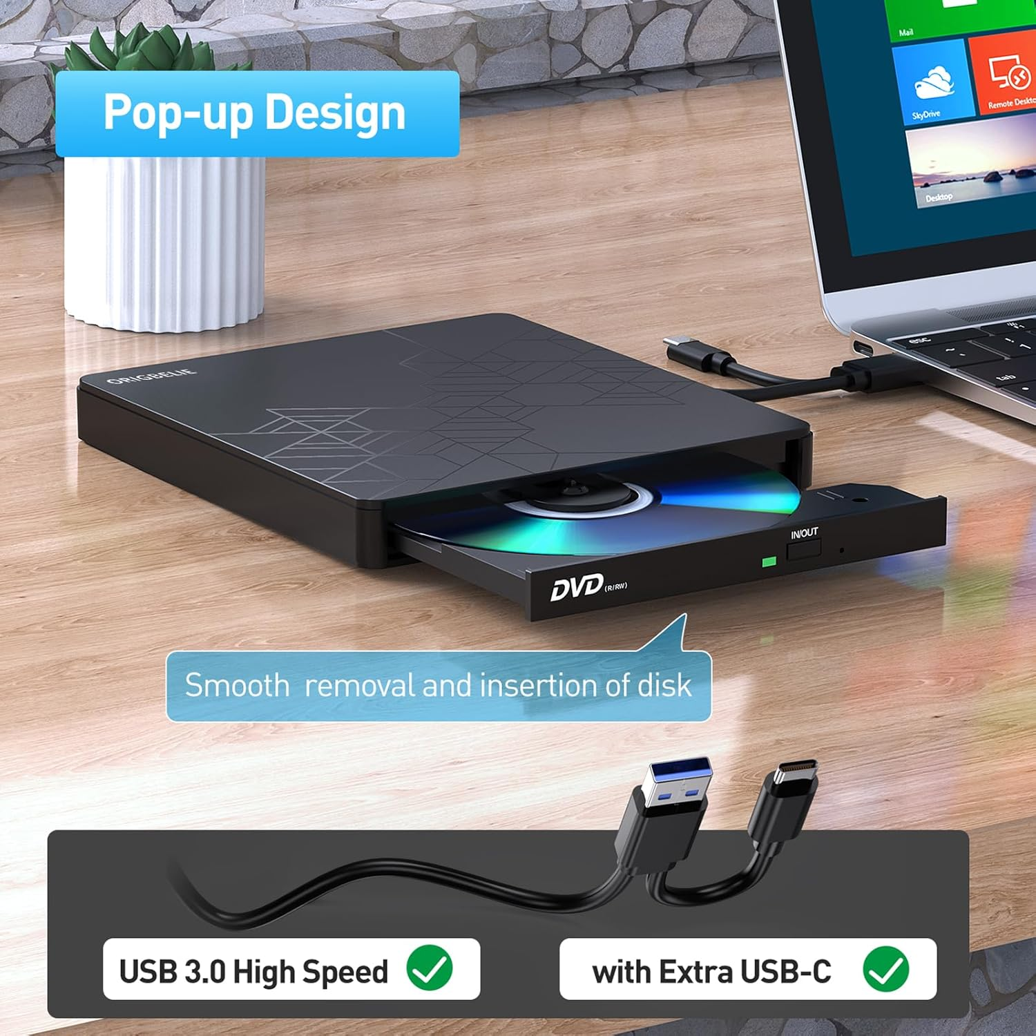 Schwarzer externer DVD-Brenner mit Pop-up-Design, verbunden mit einem Laptop.