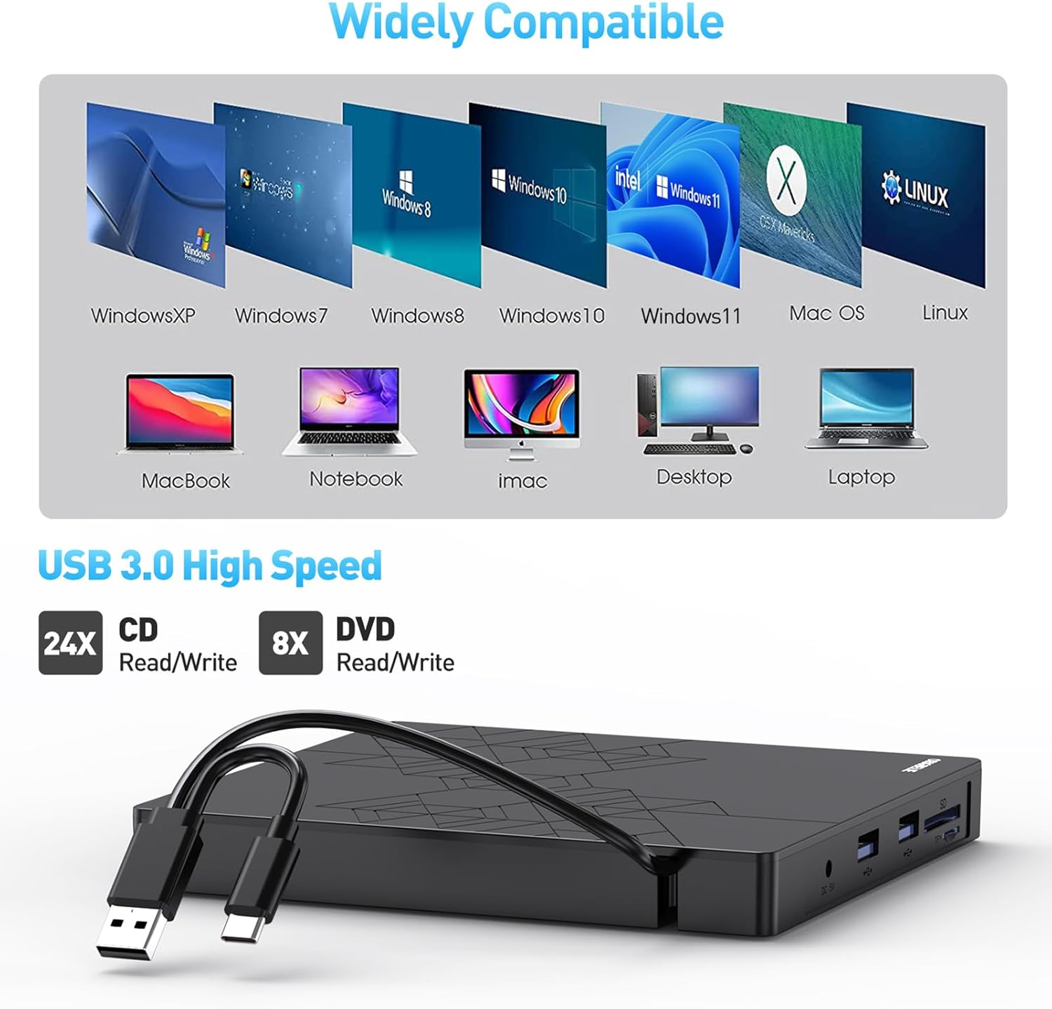 Externes Laufwerk mit USB 3.0, kompatibel mit verschiedenen Betriebssystemen und Geräten.