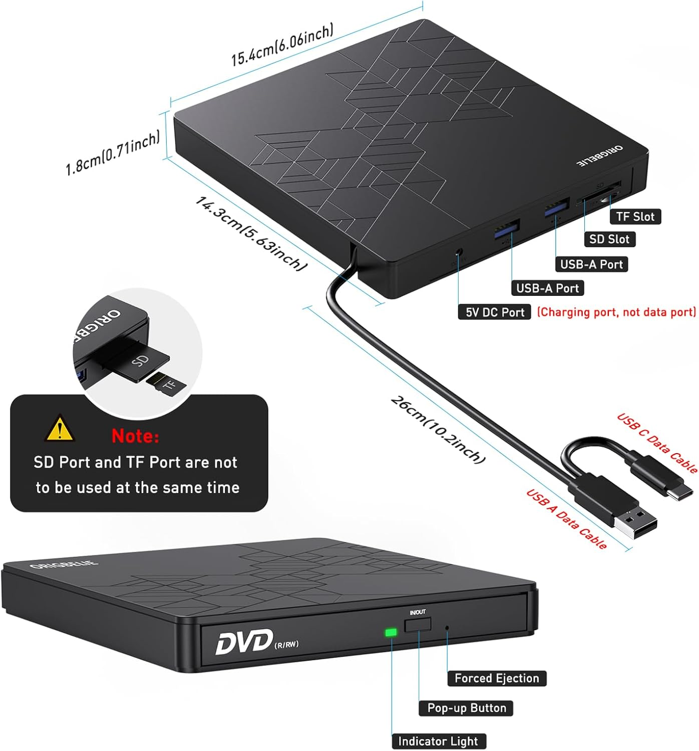 Schwarzer externer DVD-Brenner mit USB-C und SD/TF-Kartensteckplätzen.