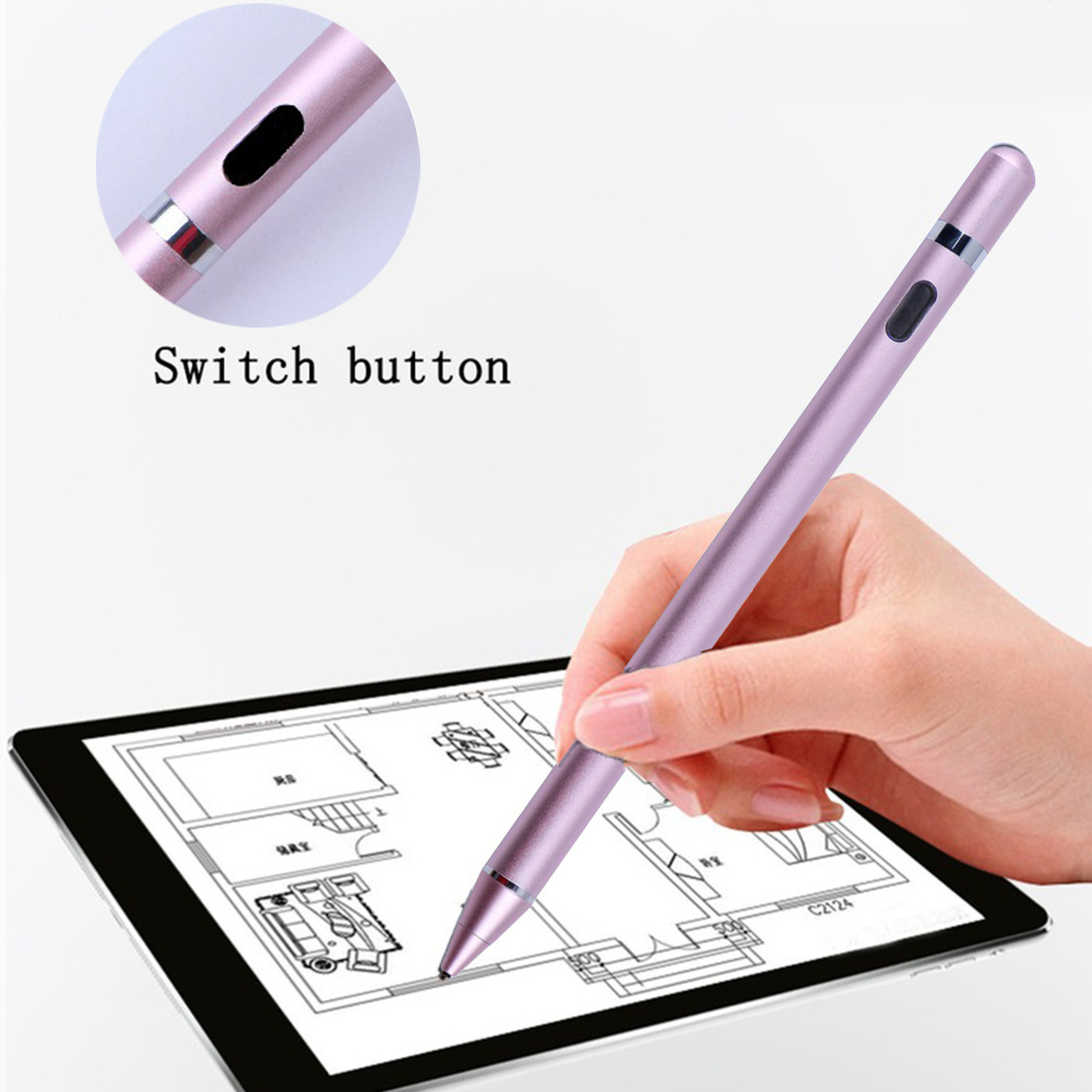 Eine Hand benutzt einen rosafarbenen Stift auf einem Tablet mit Bauplänen.