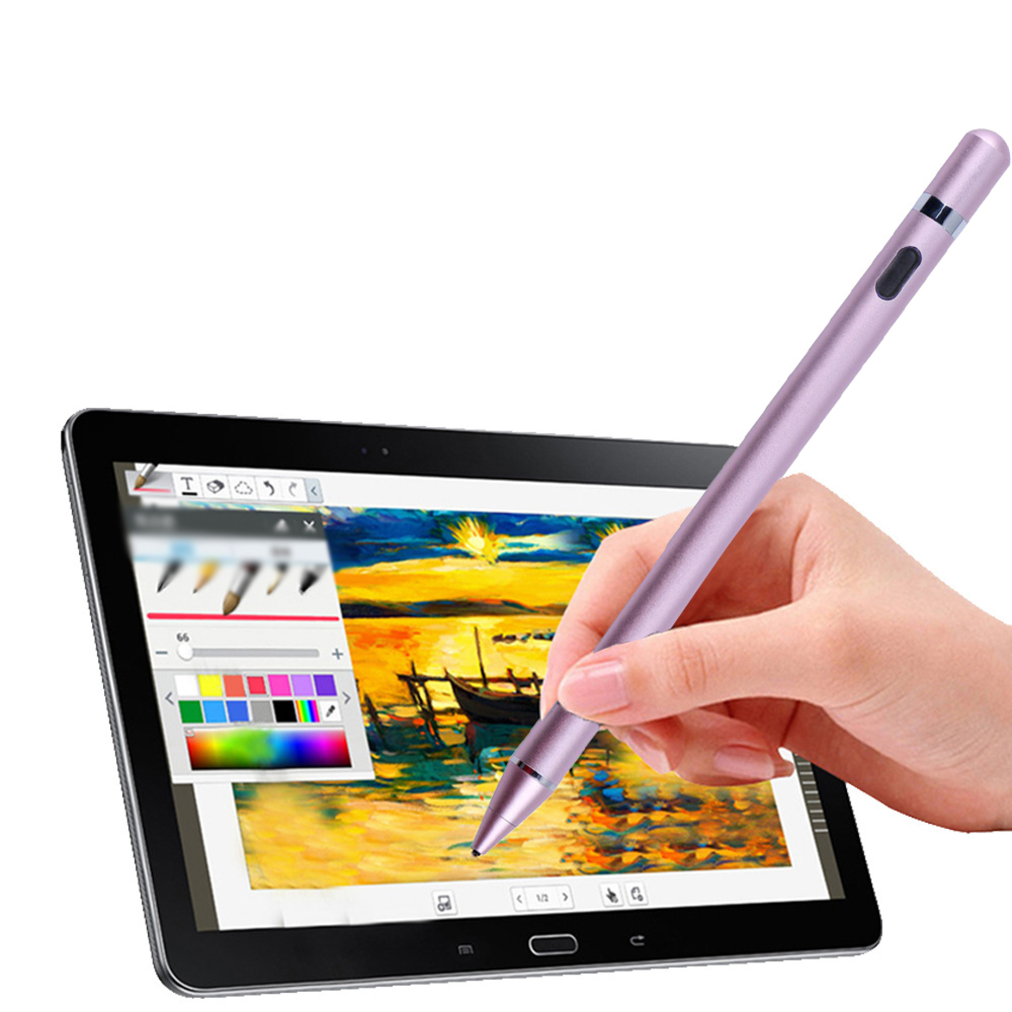 Eine Hand hält einen lila Stift über ein Tablet, das eine Sonnenuntergangsszene malt.