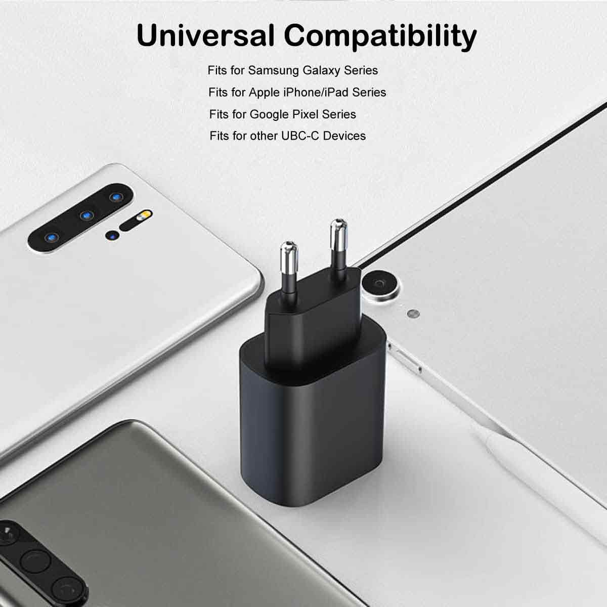 Ein schwarzes Ladegerät neben Smartphones und einem Tablet.