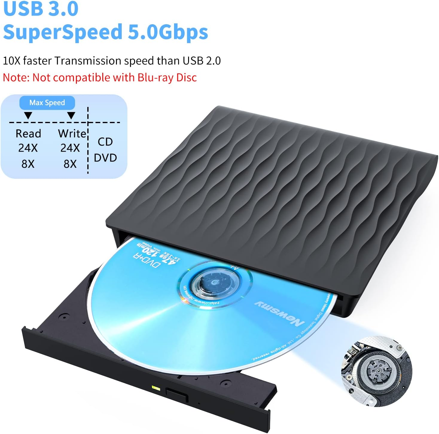 Schwarzer externer USB 3.0 DVD-Brenner mit eingelegter blauer Disc und Leistungsinformationen.