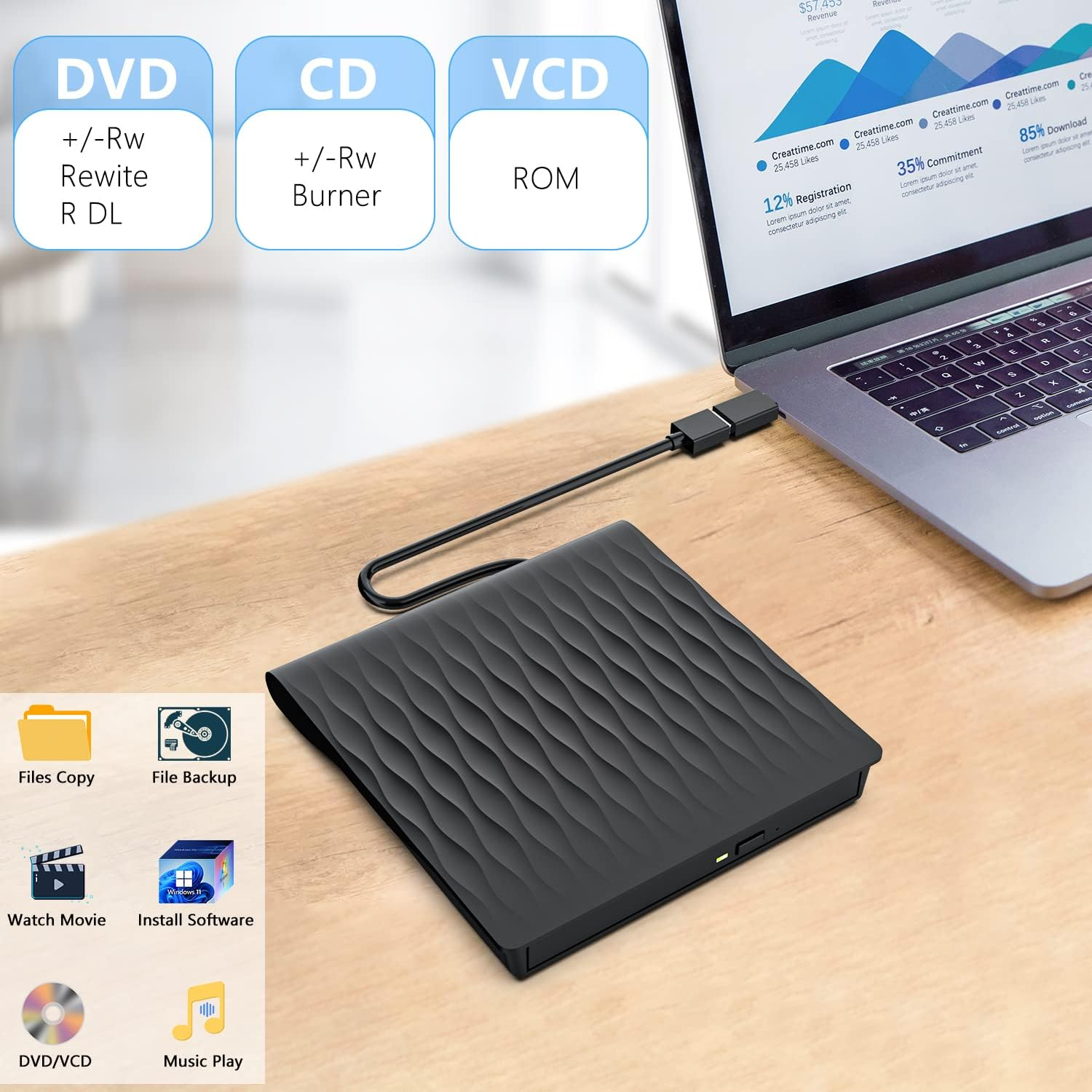 Schwarzer externer CD/DVD-Brenner ist mit einem Laptop verbunden. Icons zeigen Funktionen.