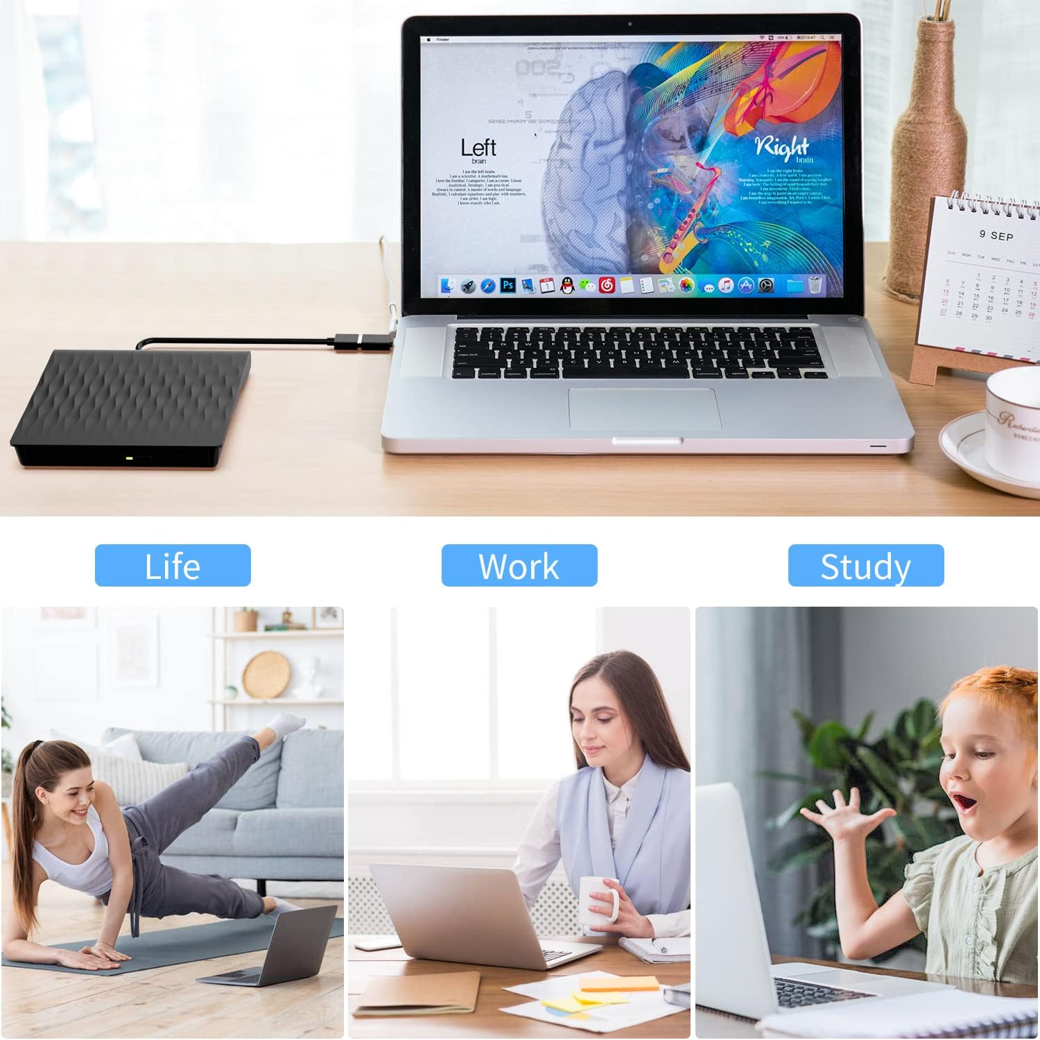 Ein Laptop ist mit einem externen Laufwerk verbunden. Unten sind drei Szenen: Fitness, Arbeit und Lernen.