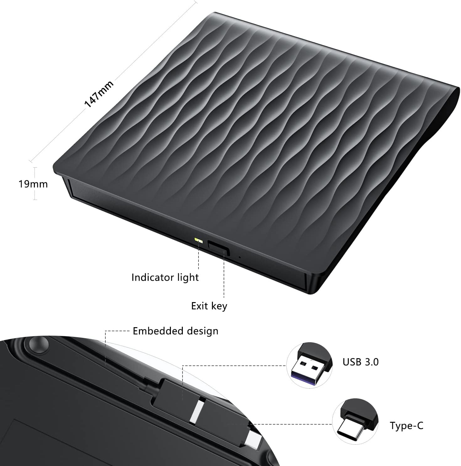 Schwarzes externes DVD-Laufwerk, 147mm x 19mm, mit welliger Oberseite, USB 3.0 & Type-C.