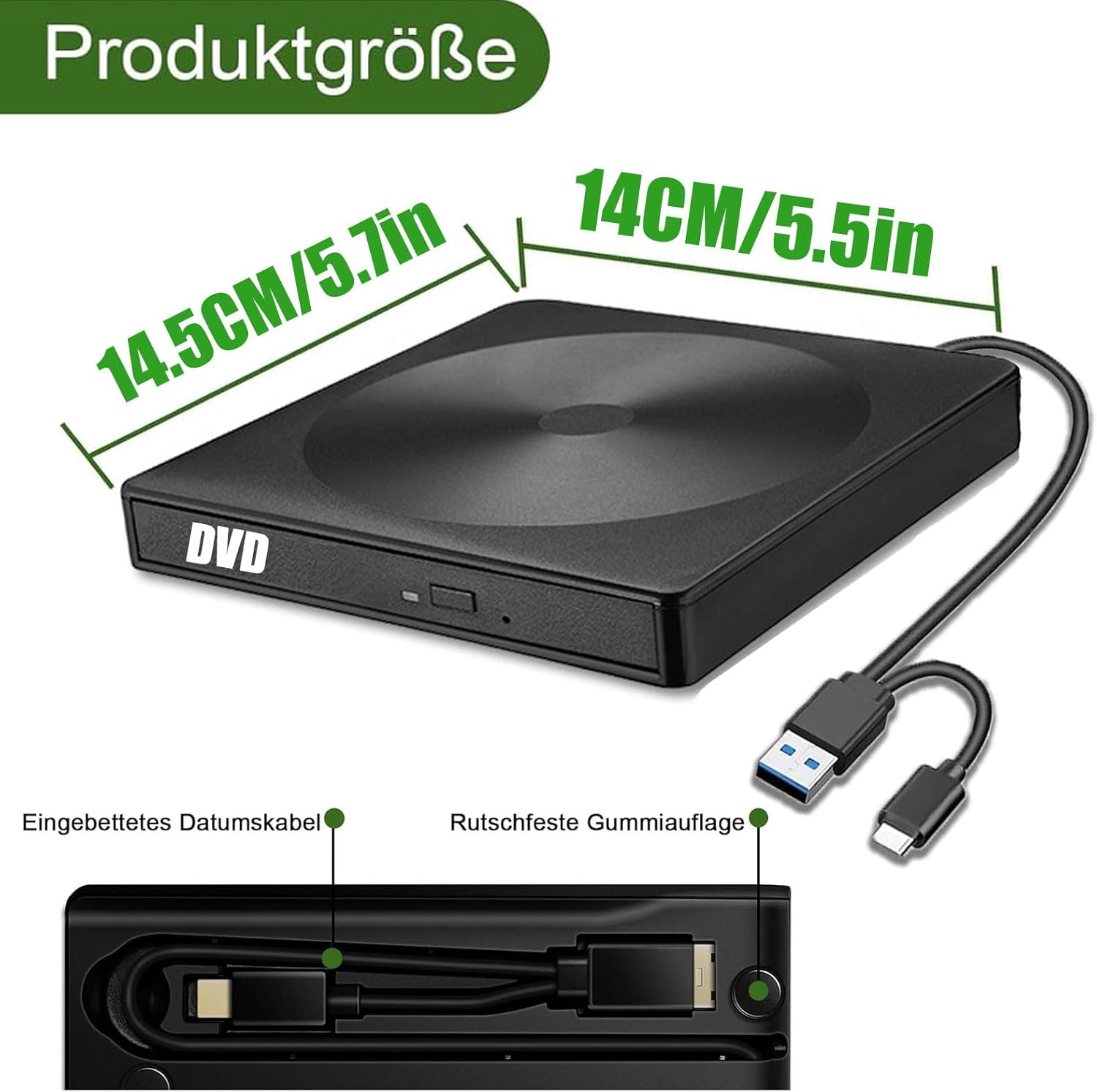 Schwarzer externer DVD-Brenner mit USB-Kabel und Größenangaben.