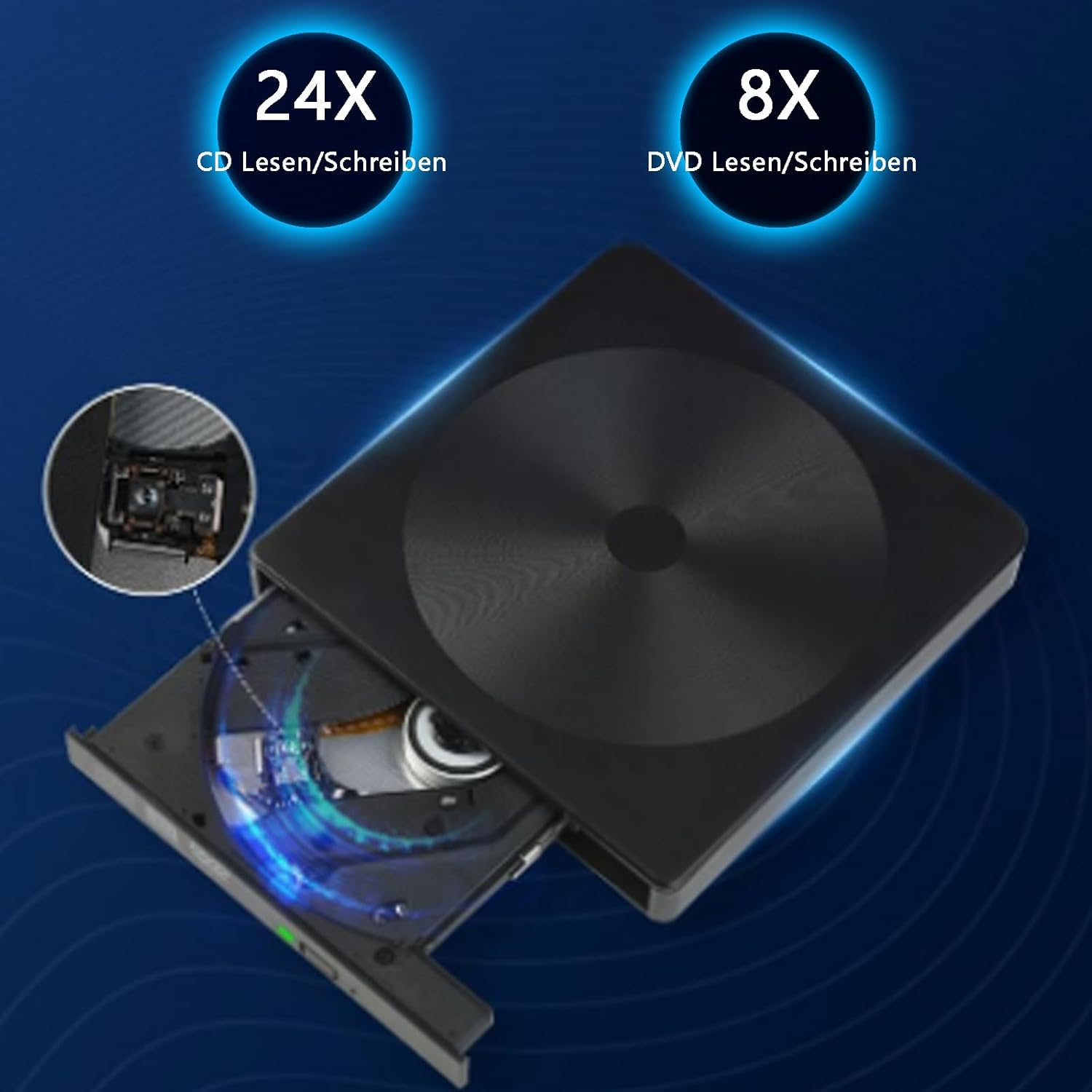 Schwarzer externer CD/DVD-Brenner mit ausgefahrenem Schubfach und blauen Lichteffekten.