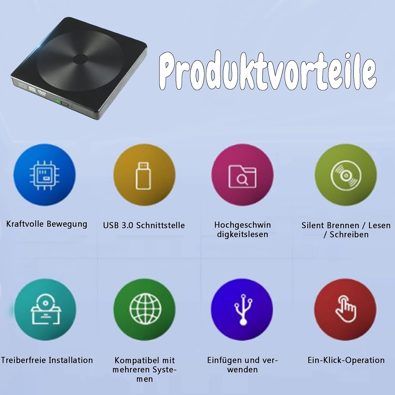 Ein schwarzes externes DVD-Laufwerk mit acht Icons darunter.