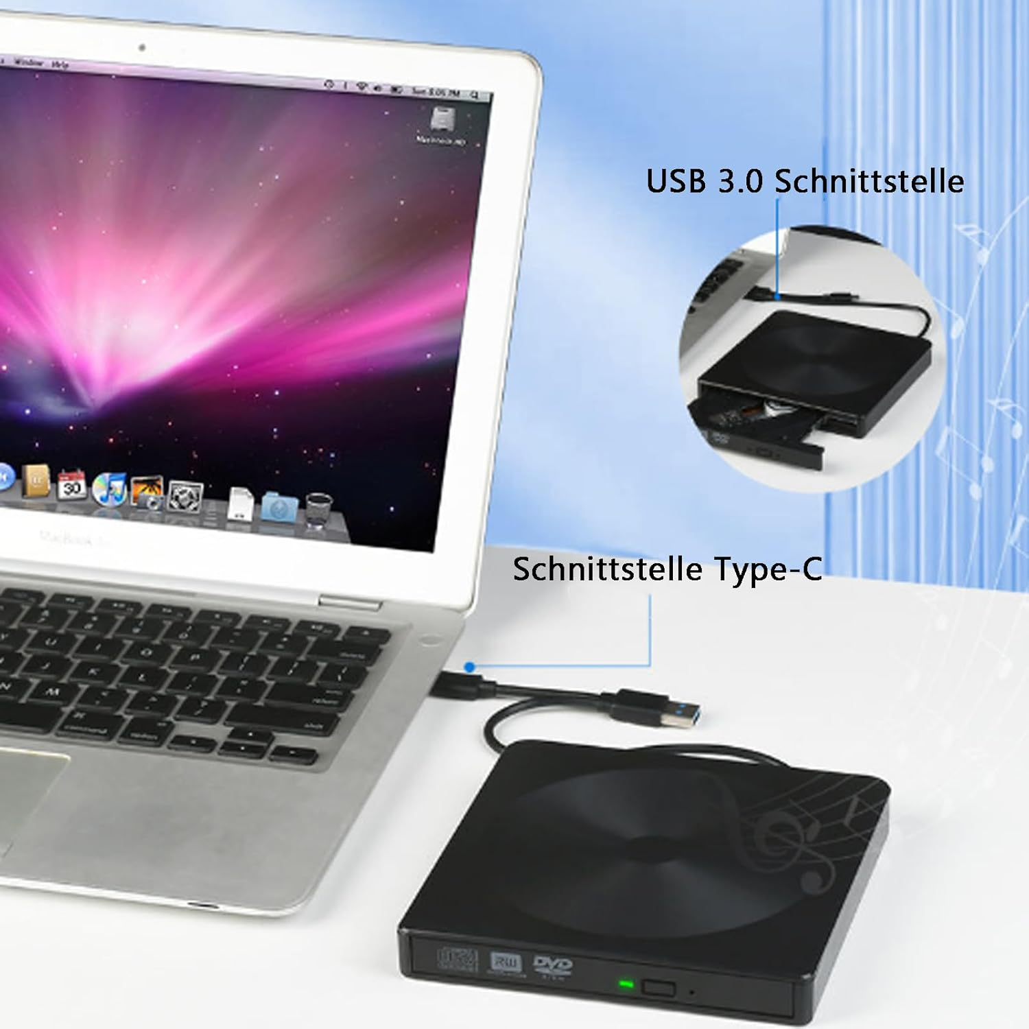 Ein Laptop ist über ein USB-Kabel mit einem externen DVD-Laufwerk verbunden.