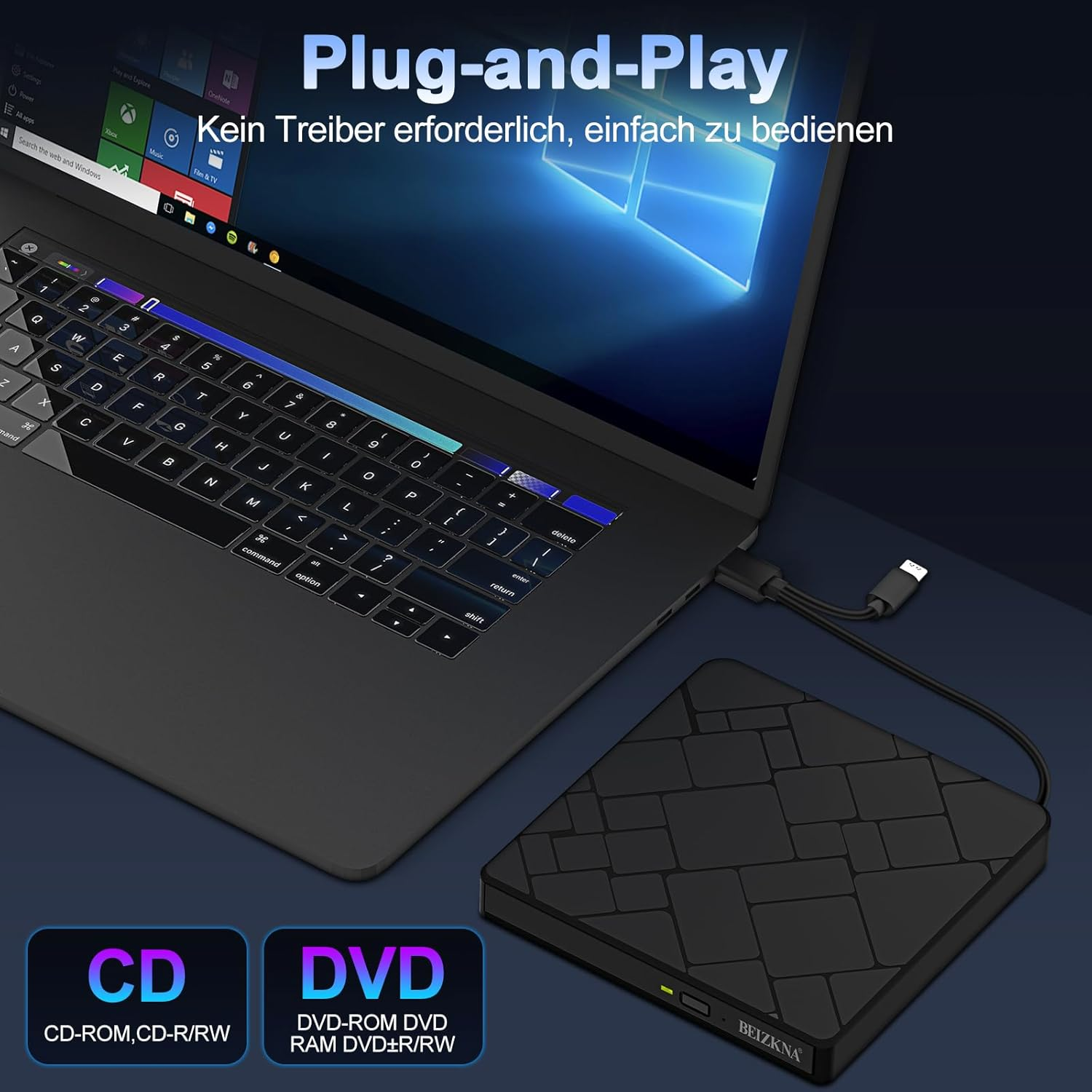 Schwarzer externer CD/DVD-Brenner mit USB-Anschluss an einem Laptop.