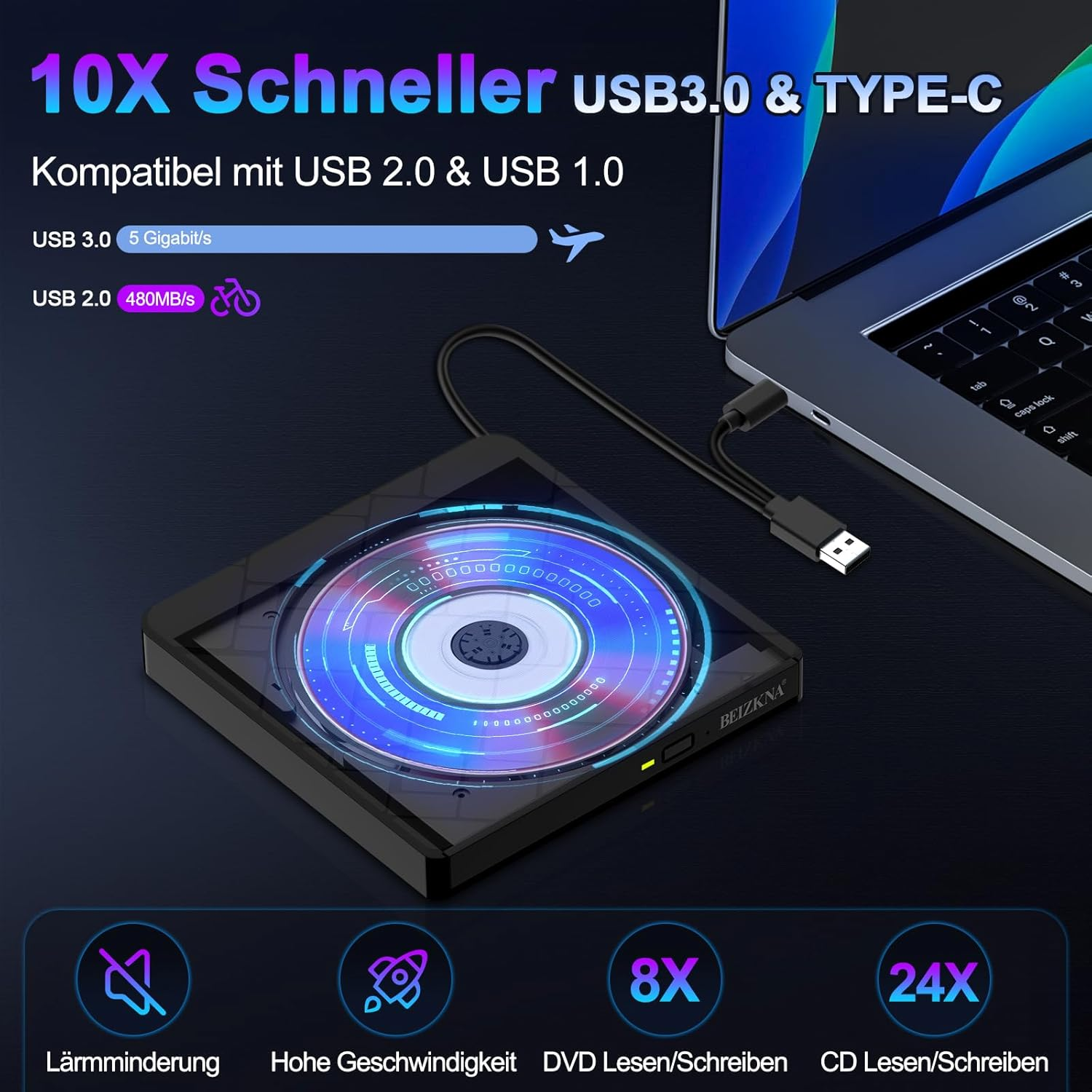 Externes USB-CD/DVD-Laufwerk mit Laptop, zeigt USB 3.0/2.0 Geschwindigkeiten an.