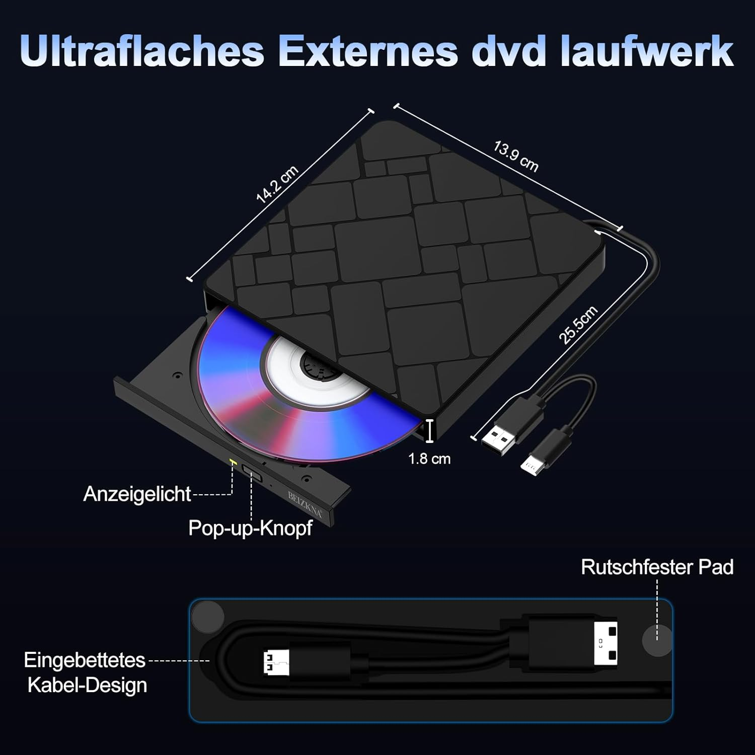 Schwarzes externes DVD-Laufwerk mit eingelegter Disc, Maßen und Kabel.