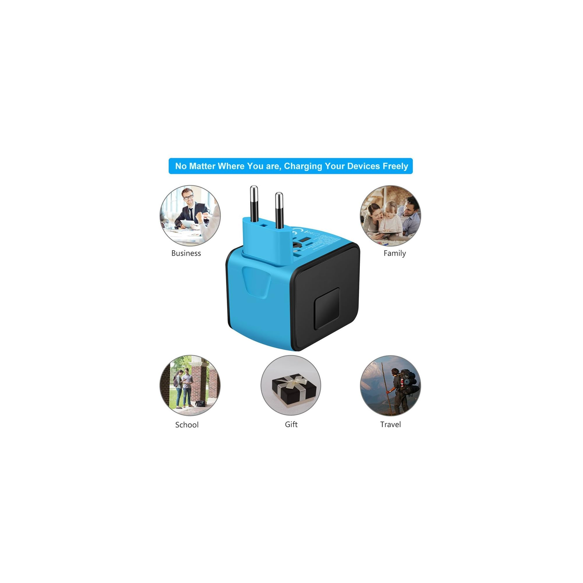 Ein blauer Reiseadapter mit USB-Anschlüssen, umgeben von Bildern für Geschäft, Familie, Schule, Geschenk und Reisen.