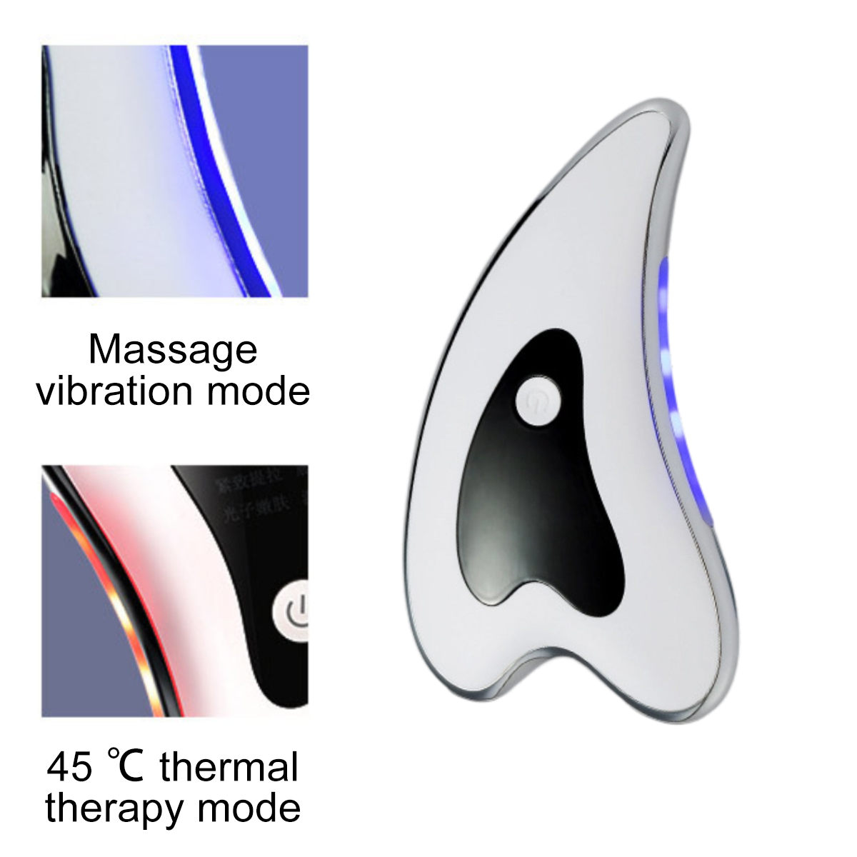 Ein weißes Hautpflegegerät mit einem Knopf und blauen Lichtern, zeigt Vibrationsmodus an.